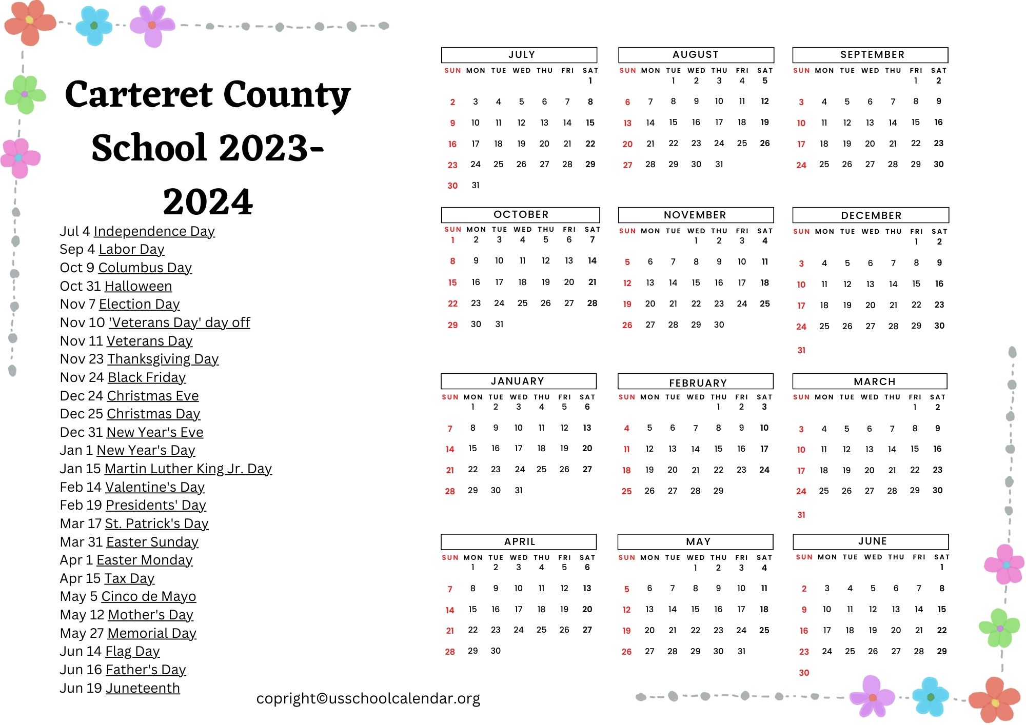 Carteret County School Calendar with Holidays 20232024