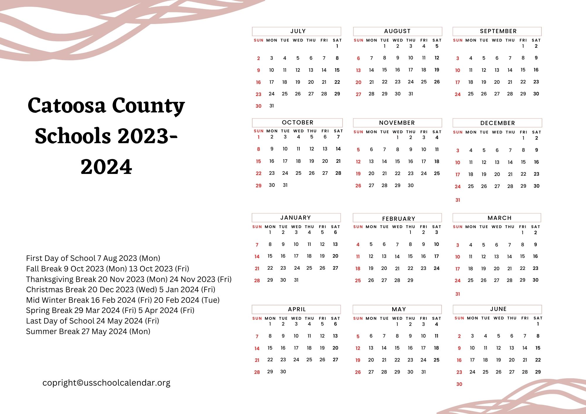 Catoosa County Schools Calendar with Holidays 20232024