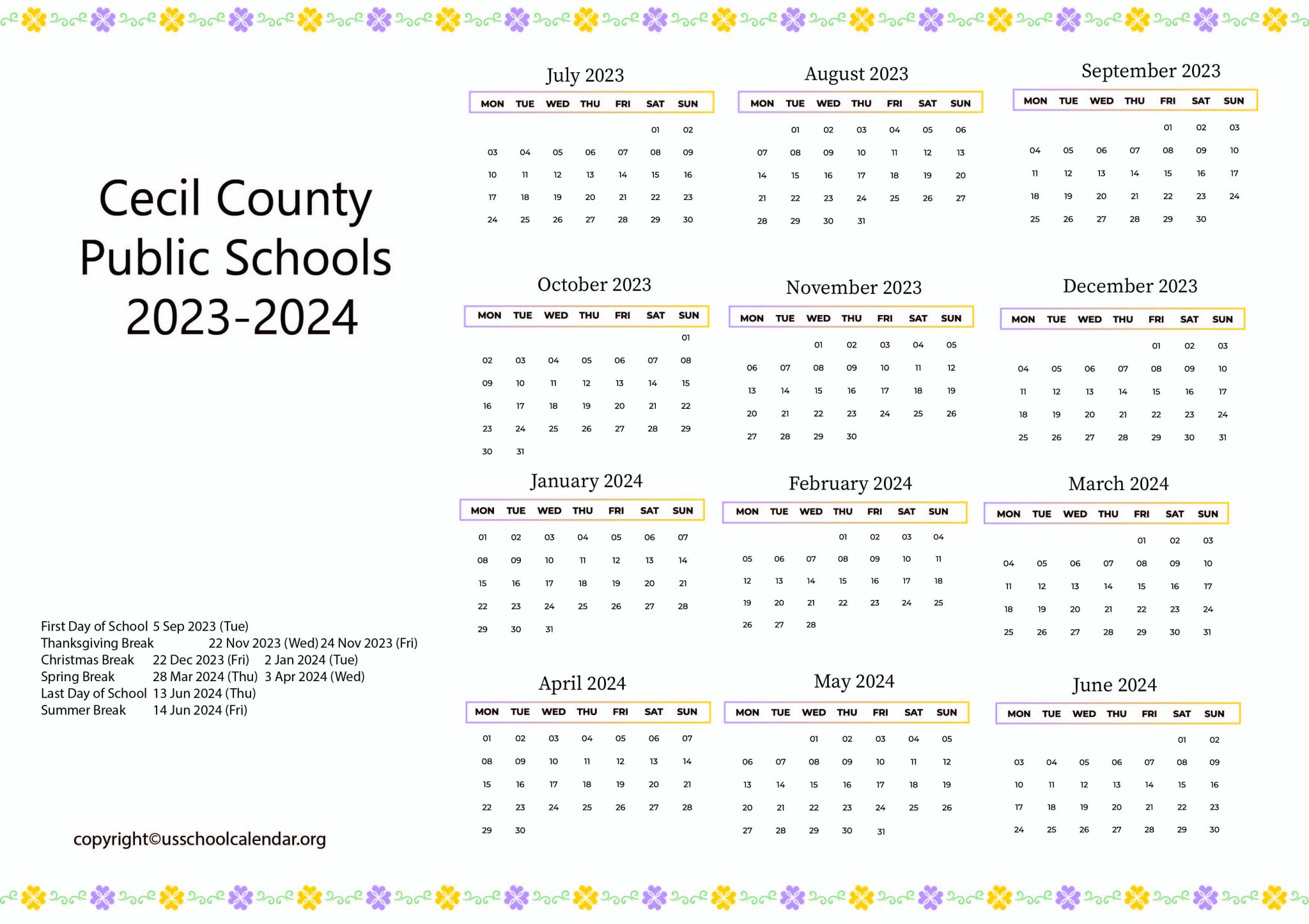 Cecil County Public Schools Calendar with Holidays 20232024
