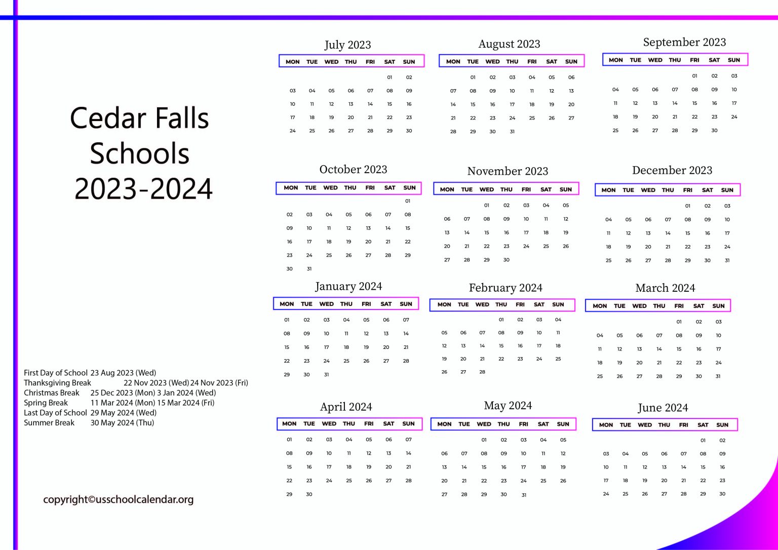 Cedar Falls Schools Calendar with Holidays 20232024