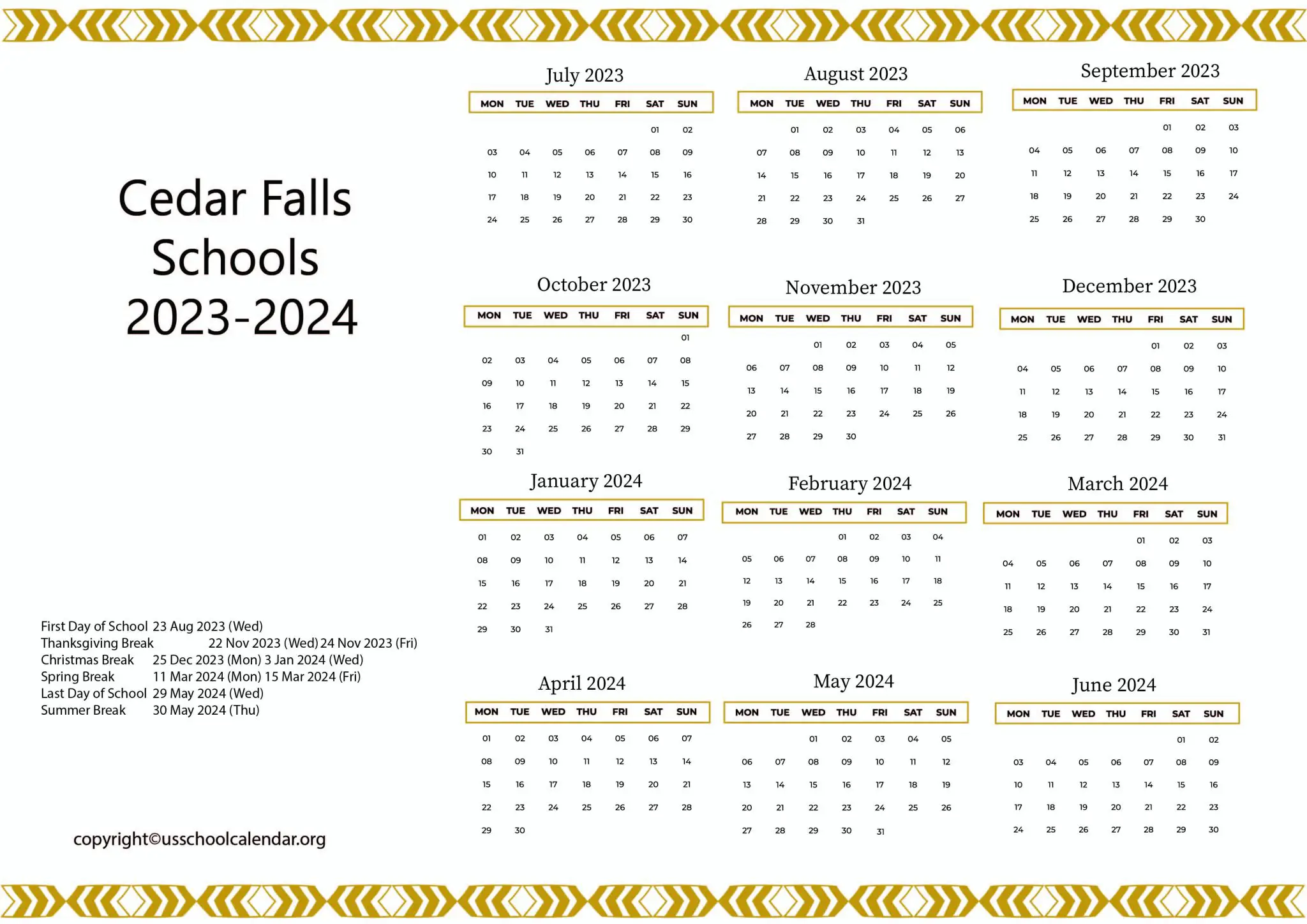 Cedar Falls Schools Calendar with Holidays 20232024