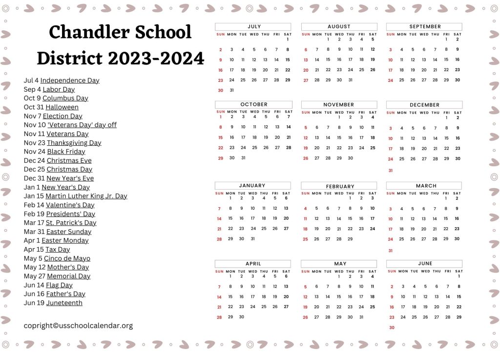 Chandler School District Holiday Calendar