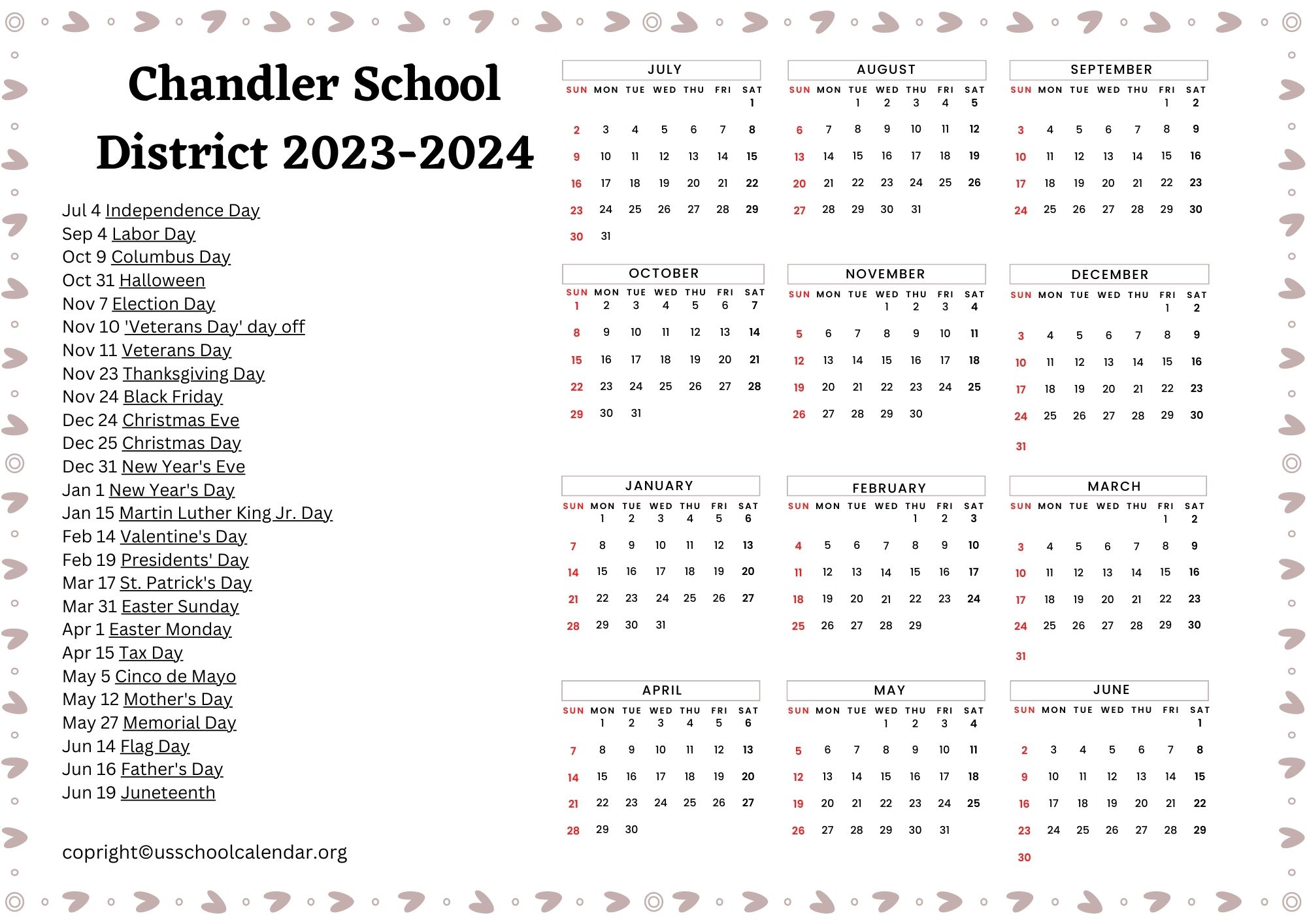 Chandler School District Calendar with Holidays 20232024