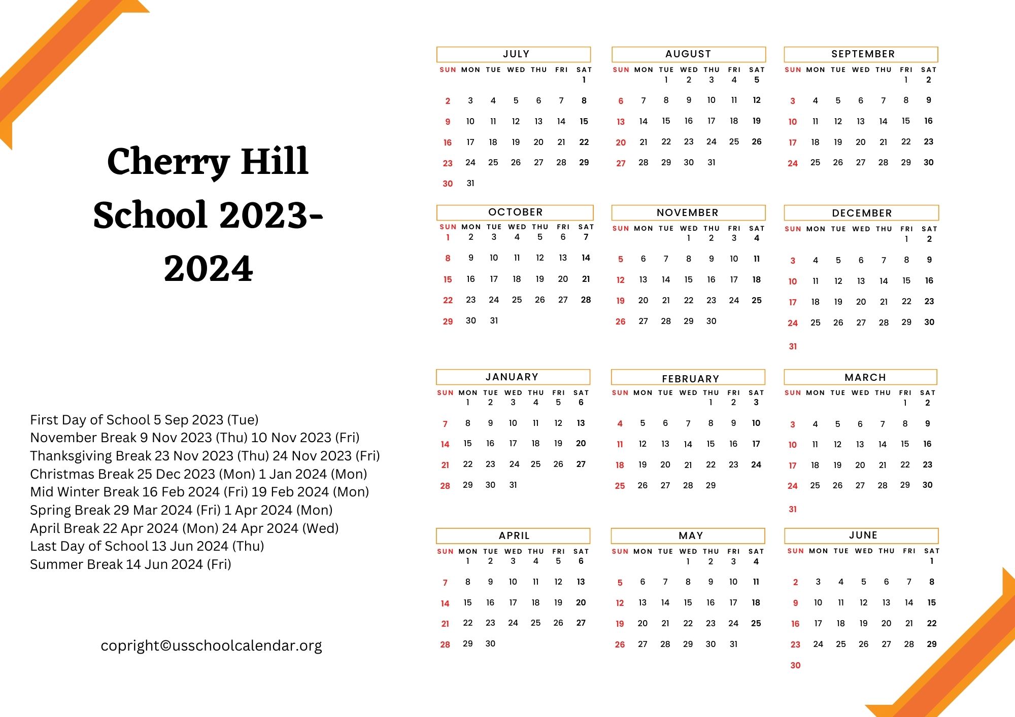 Cherry Hill School Calendar with Holidays 2023 2024