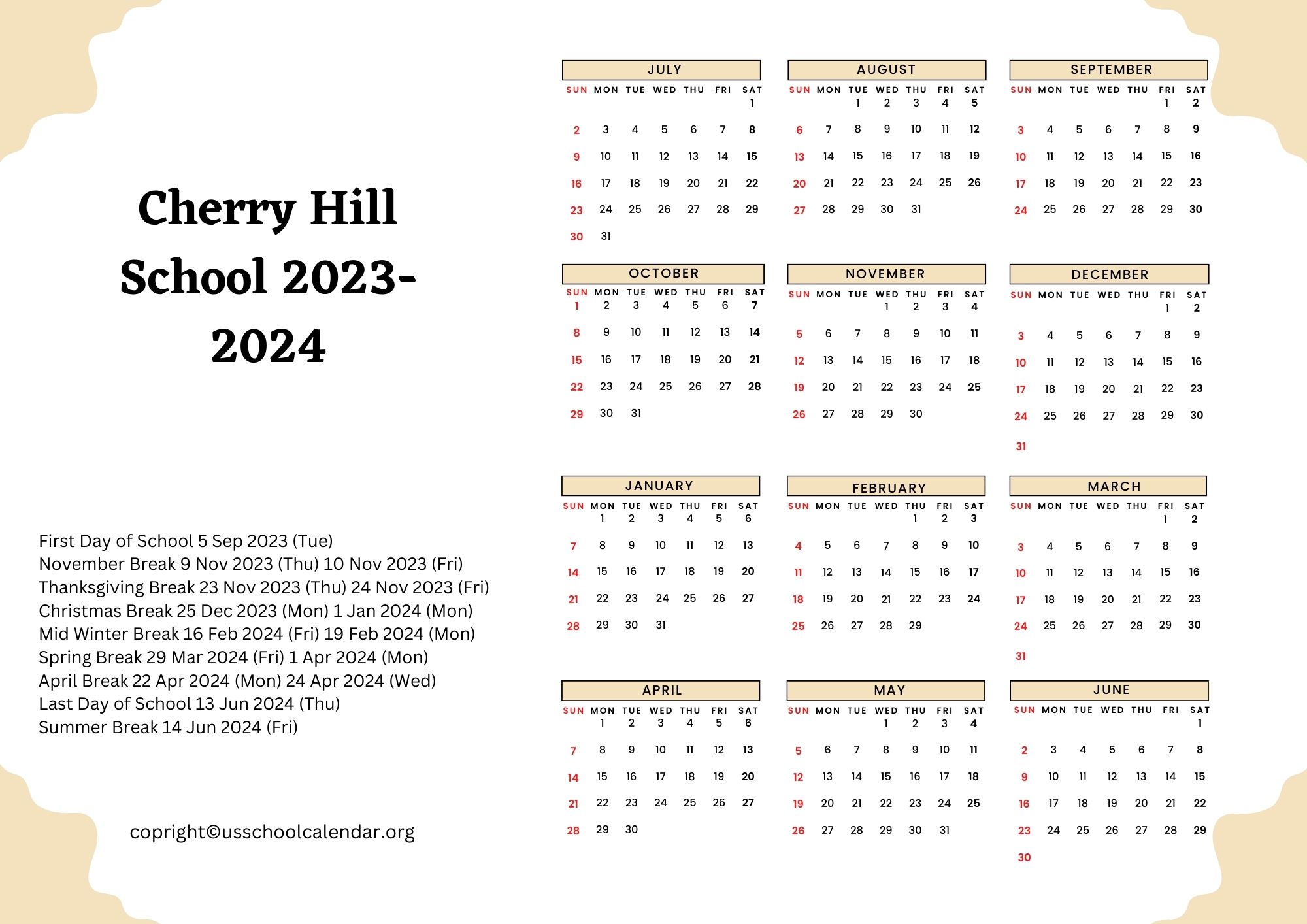 Cherry Hill School Calendar with Holidays 20232024