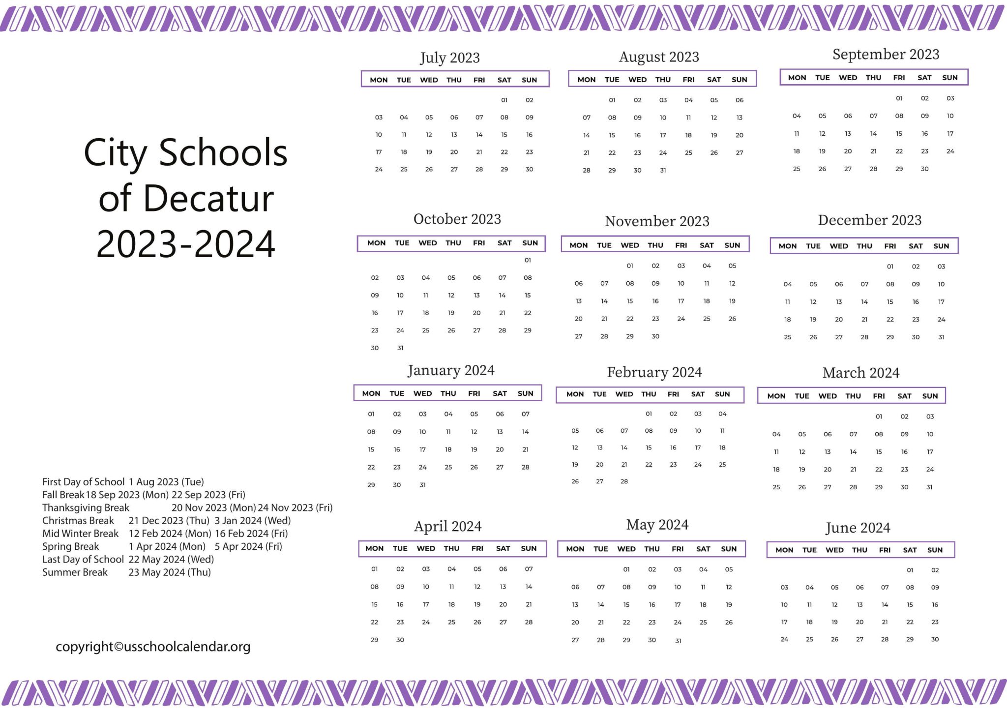 City Schools of Decatur Calendar with Holidays 20232024