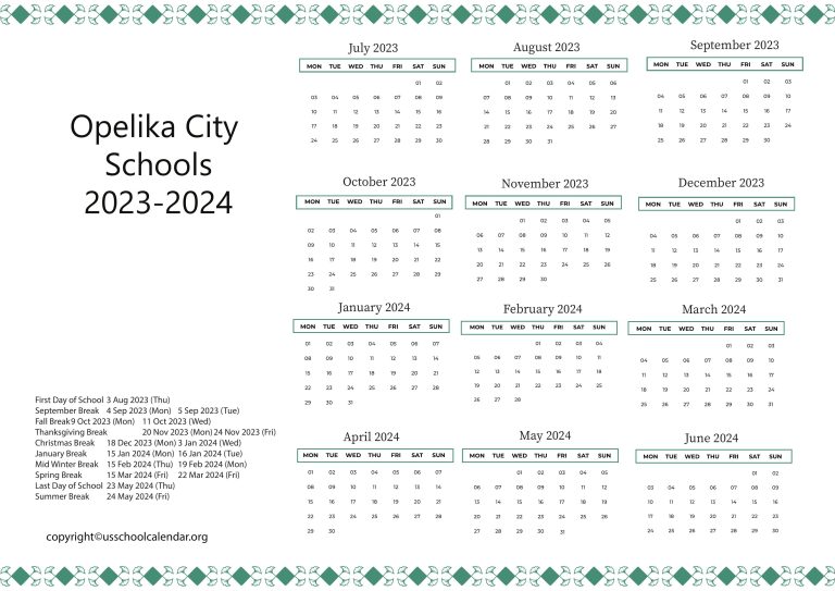 Opelika City Schools Calendar with Holidays 20232024
