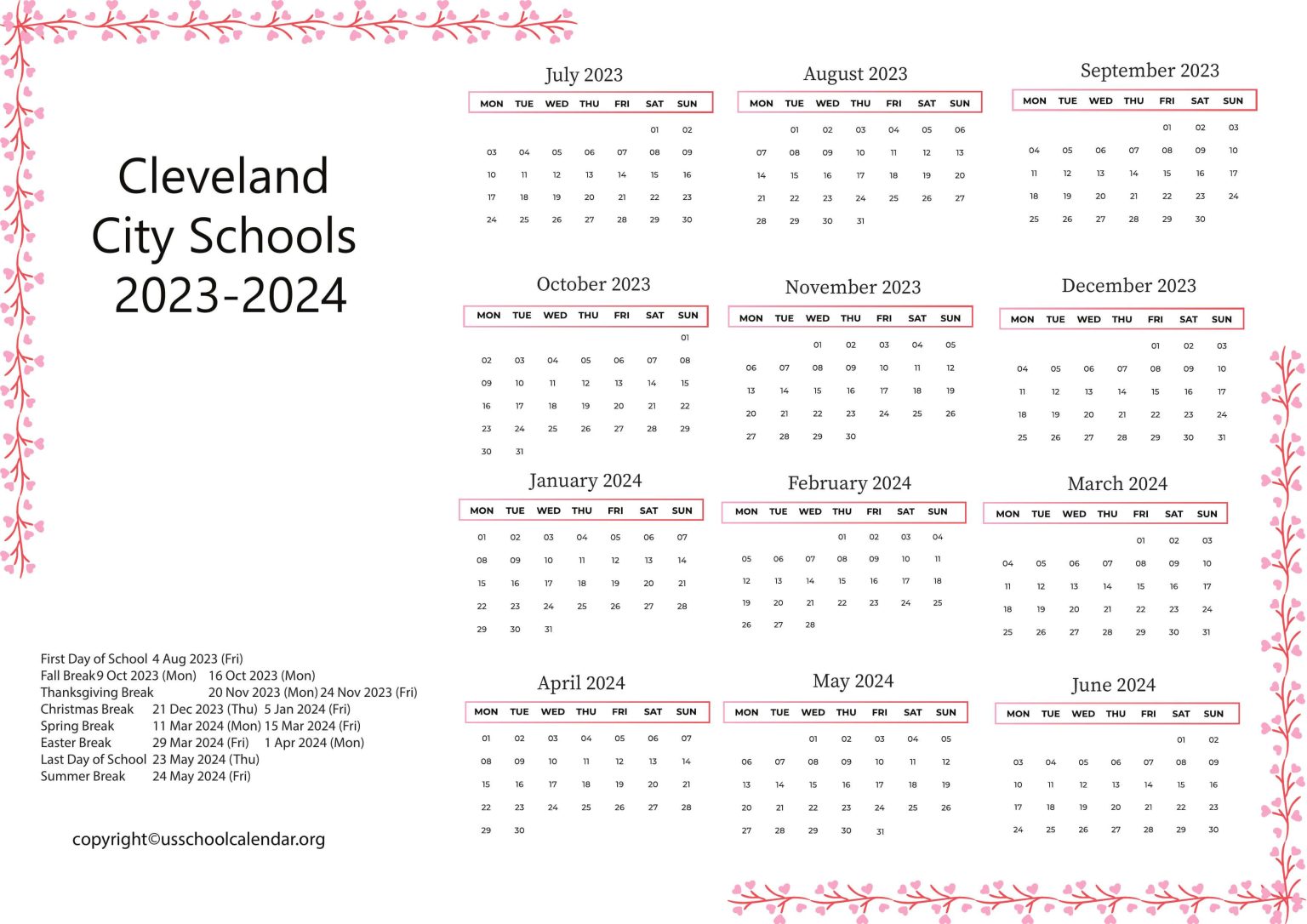 Cleveland City Schools Calendar with Holidays 2023 2024