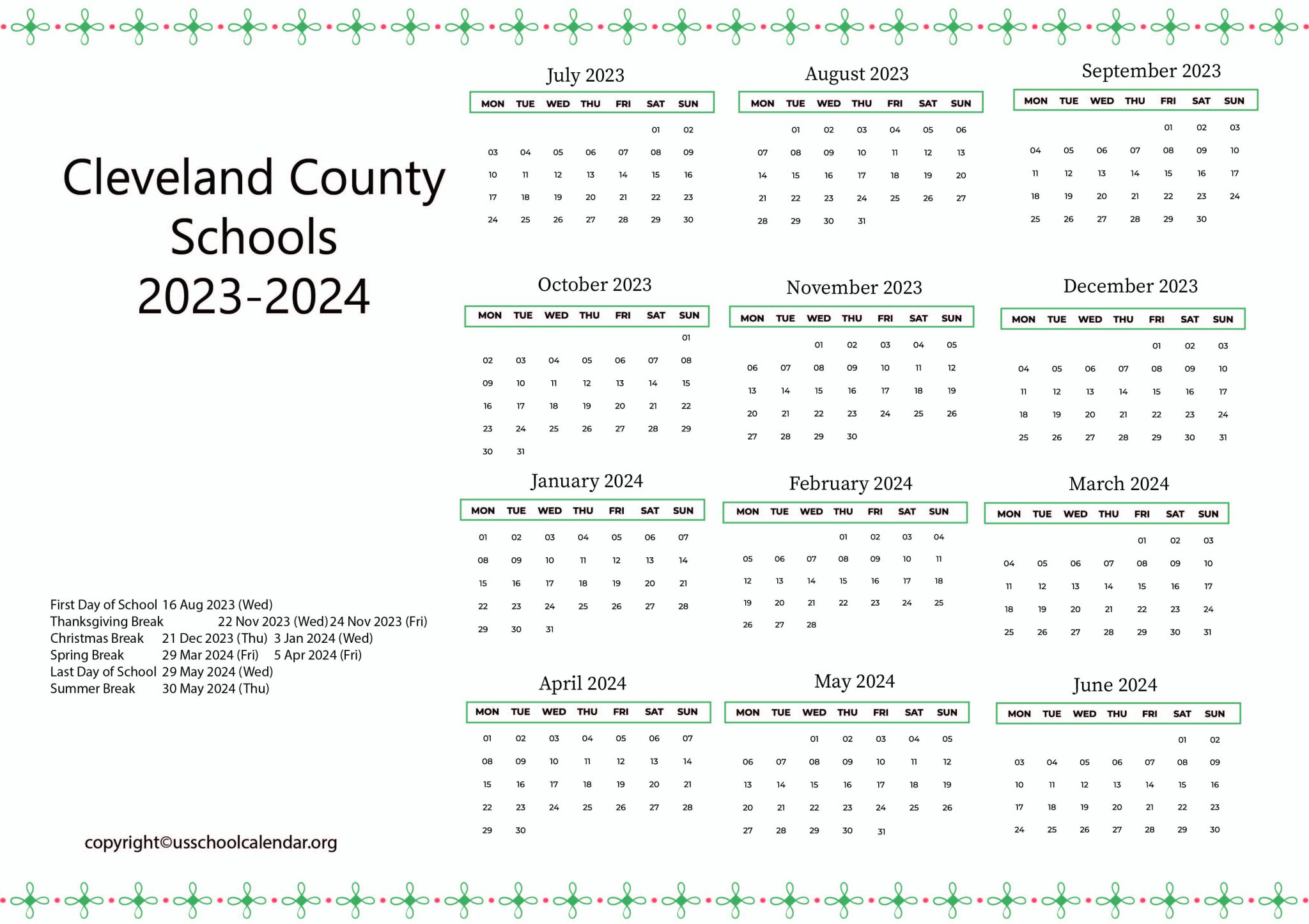 Cleveland County Schools Calendar with Holidays 20222023