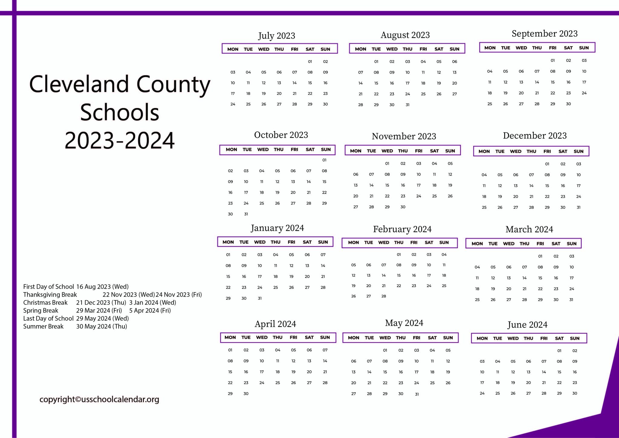 Cleveland County Schools Calendar with Holidays 20222023