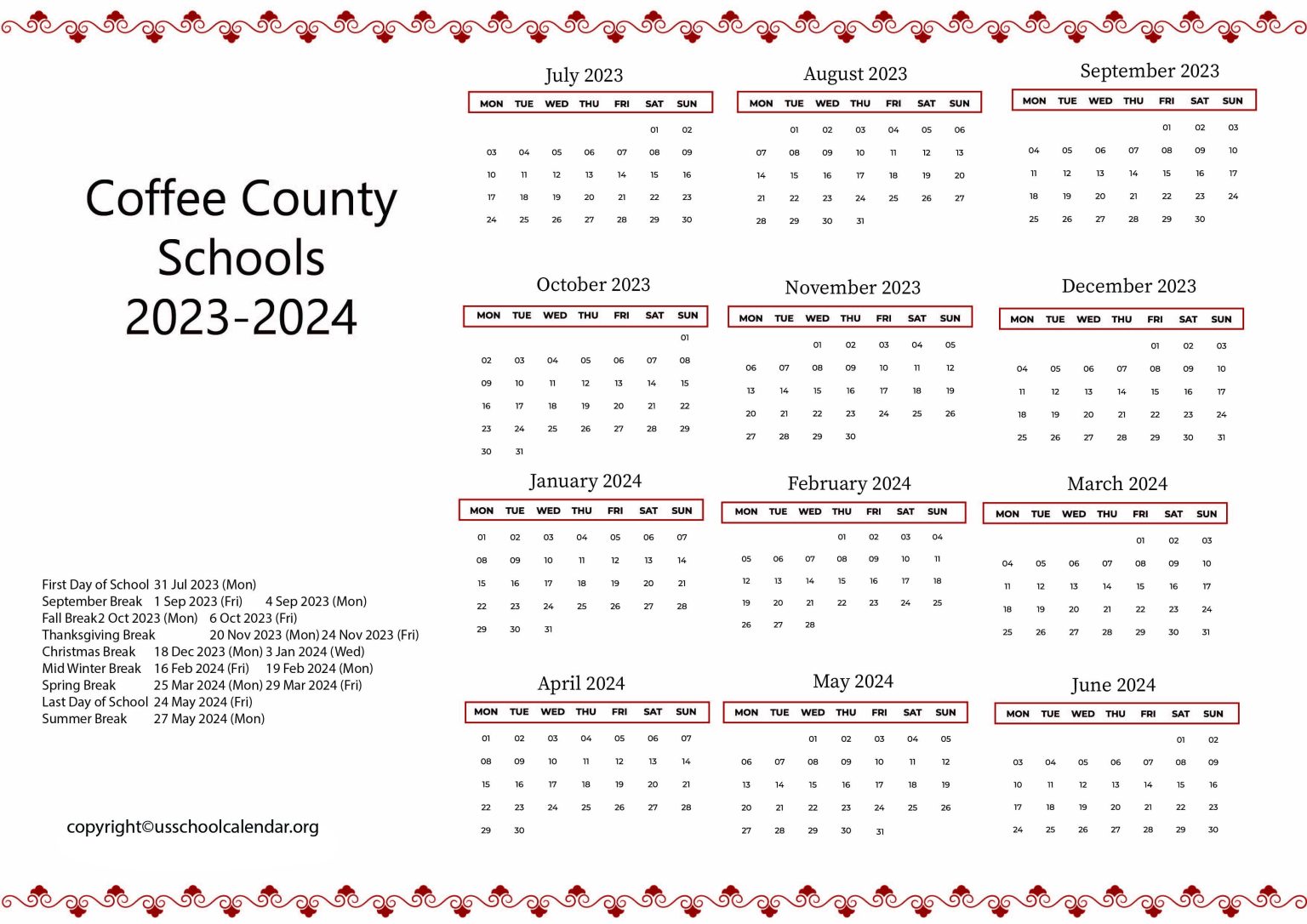 Coffee County Schools Calendar with Holidays 20232024
