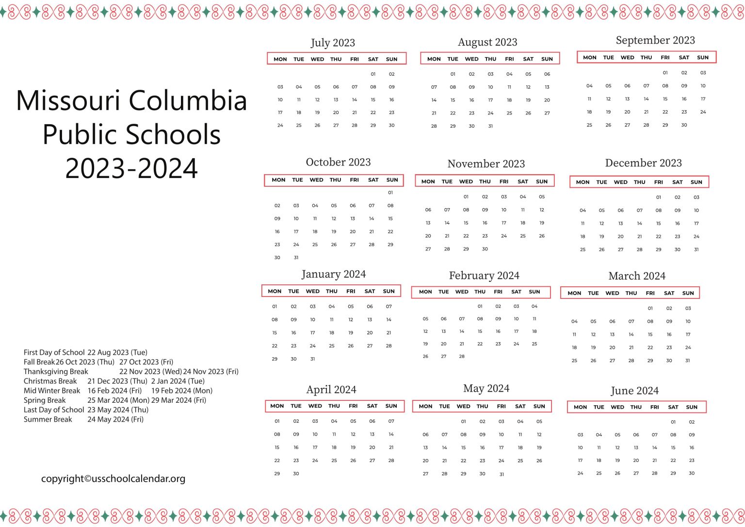 Missouri Columbia Public Schools Calendar US School Calendar
