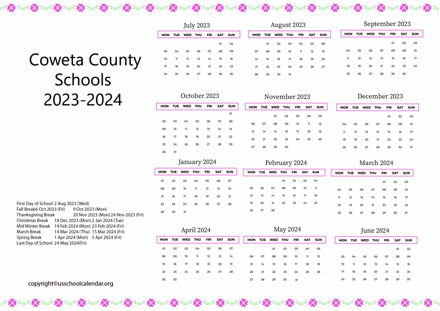 Coweta County Schools Calendar with Holidays 20232024