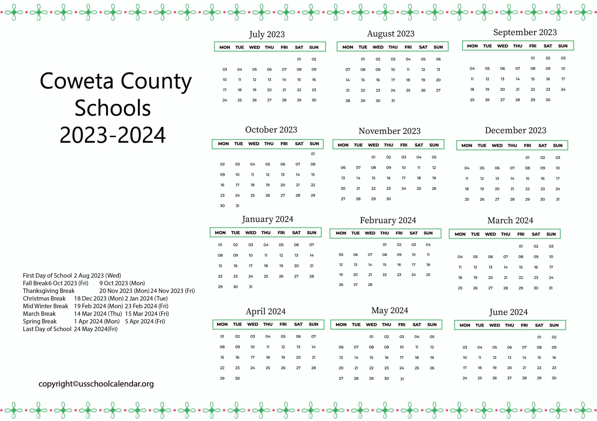 Coweta County Schools Calendar with Holidays 20232024
