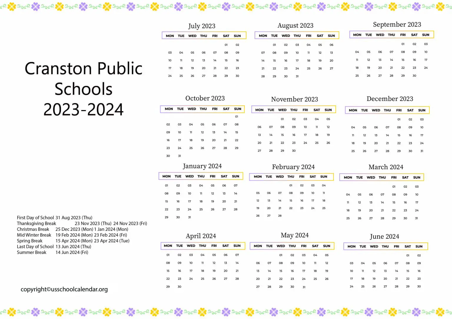 Cranston Public Schools Calendar with Holidays 20232024