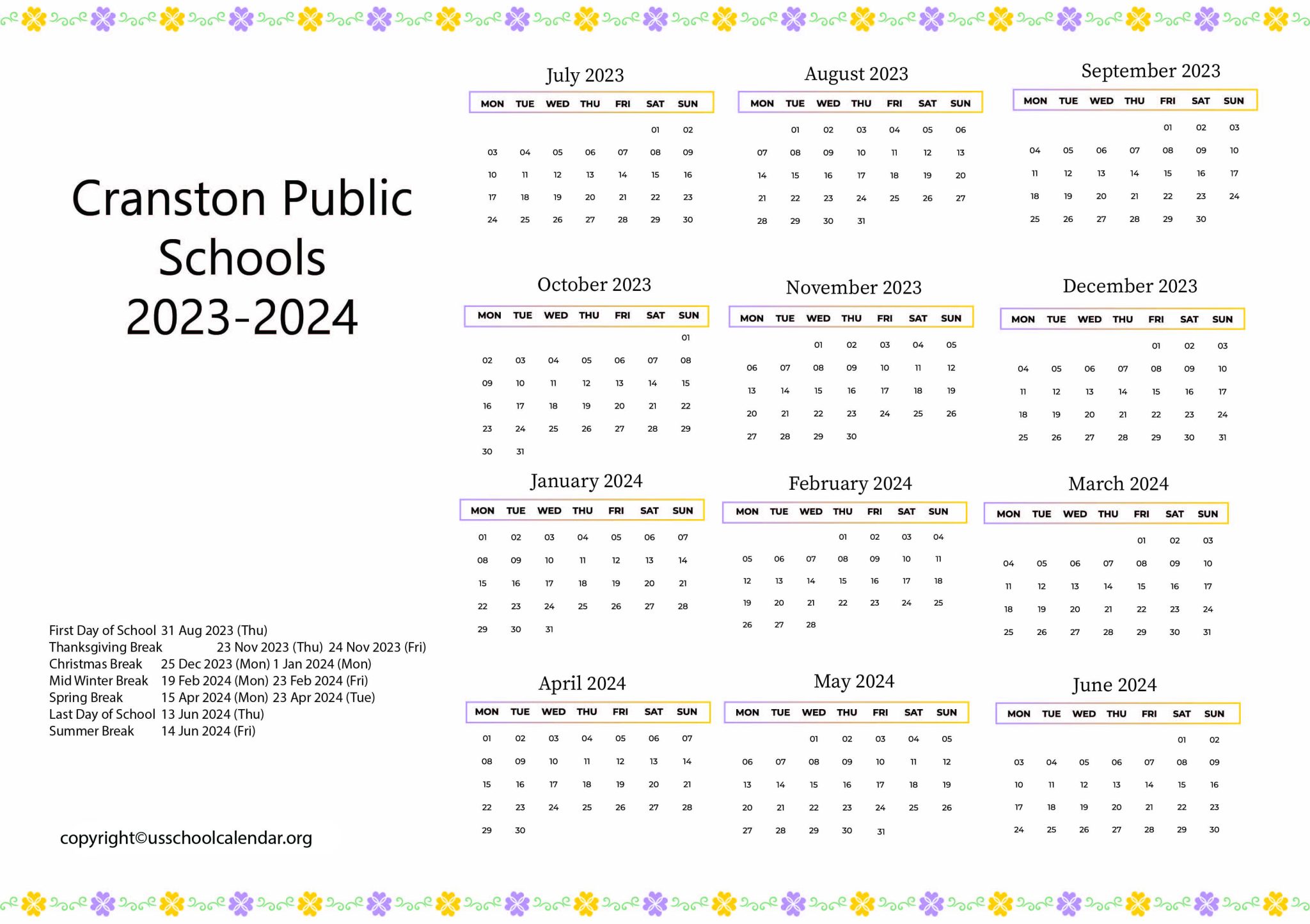 Cranston Public School Calendar US School Calendar