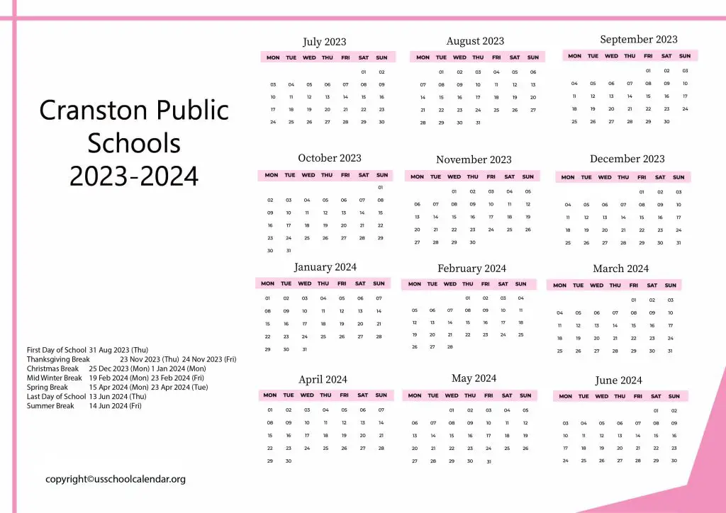 Cranston Rhode Island Public Schools Calendar