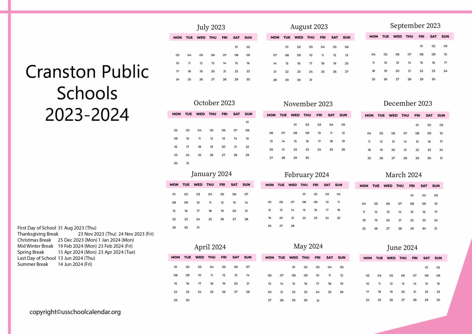 Cranston Public Schools Calendar with Holidays 20232024