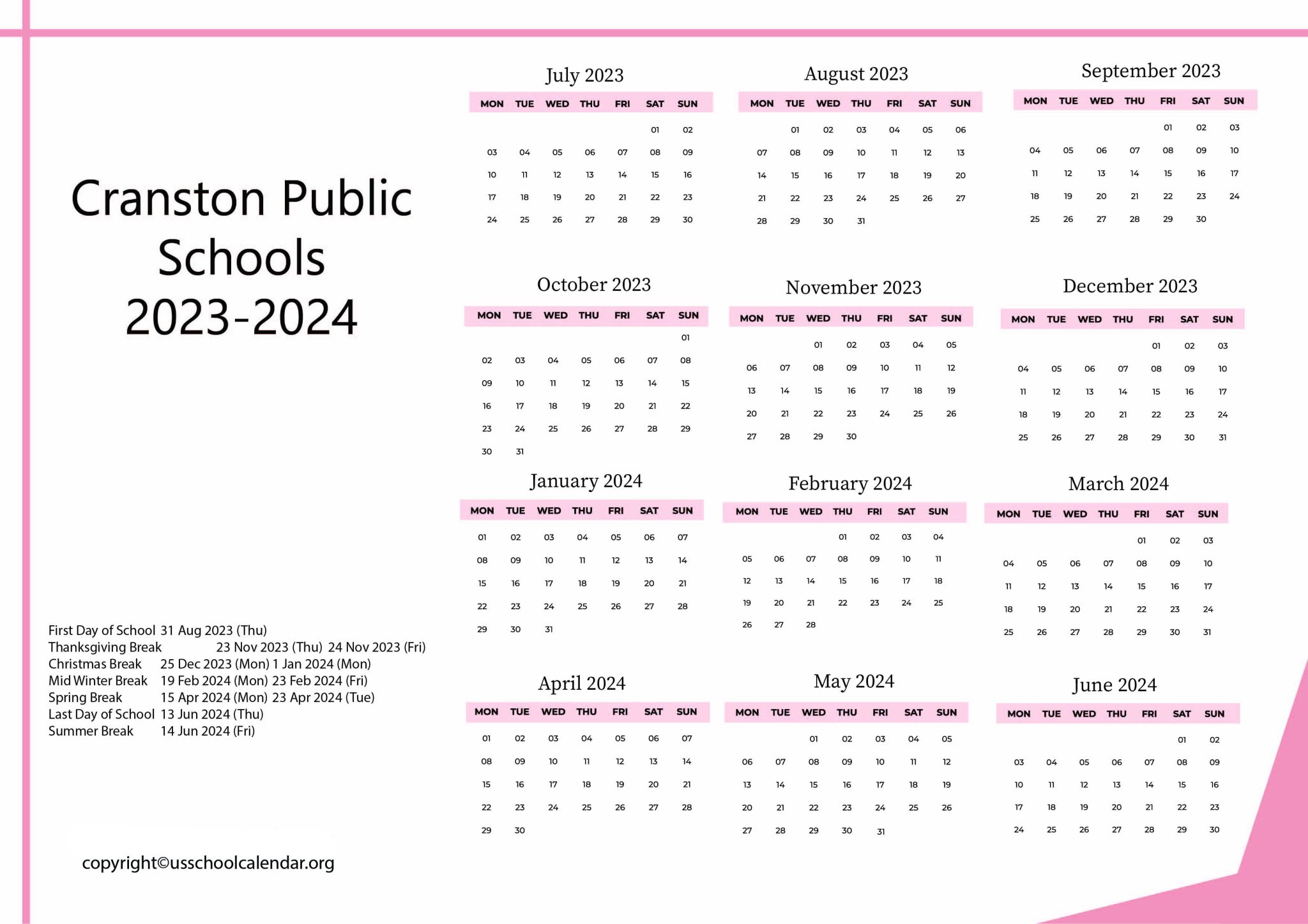 Cranston Public Schools Calendar with Holidays 20232024