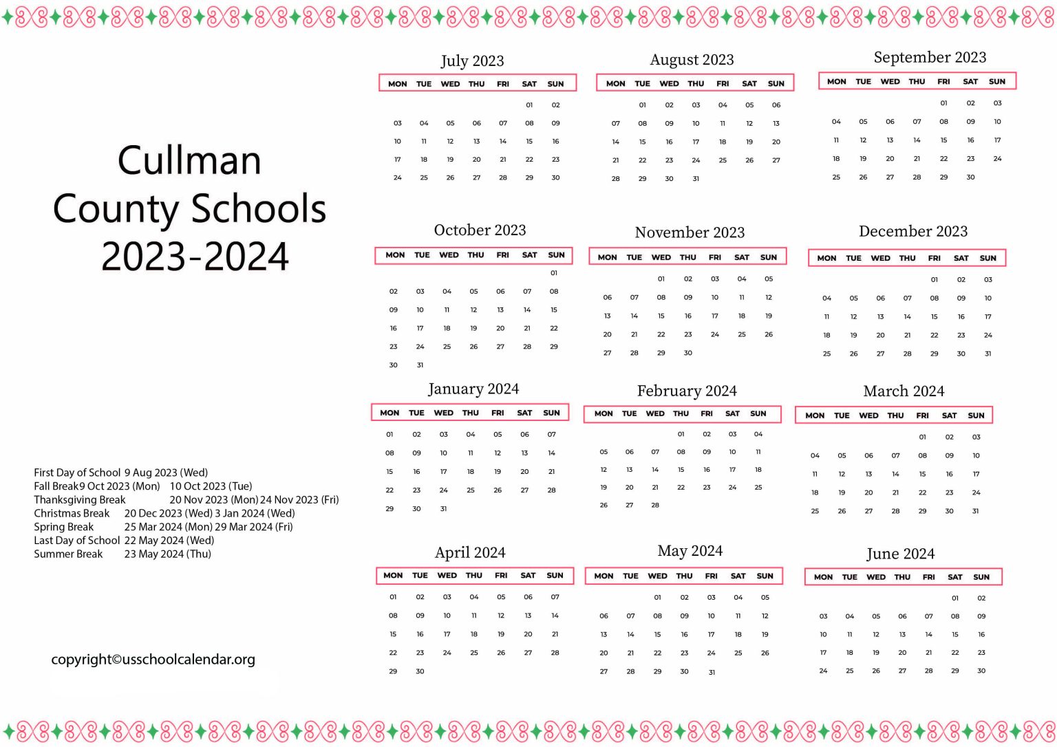 Cullman County Schools Calendar with Holidays 20232024