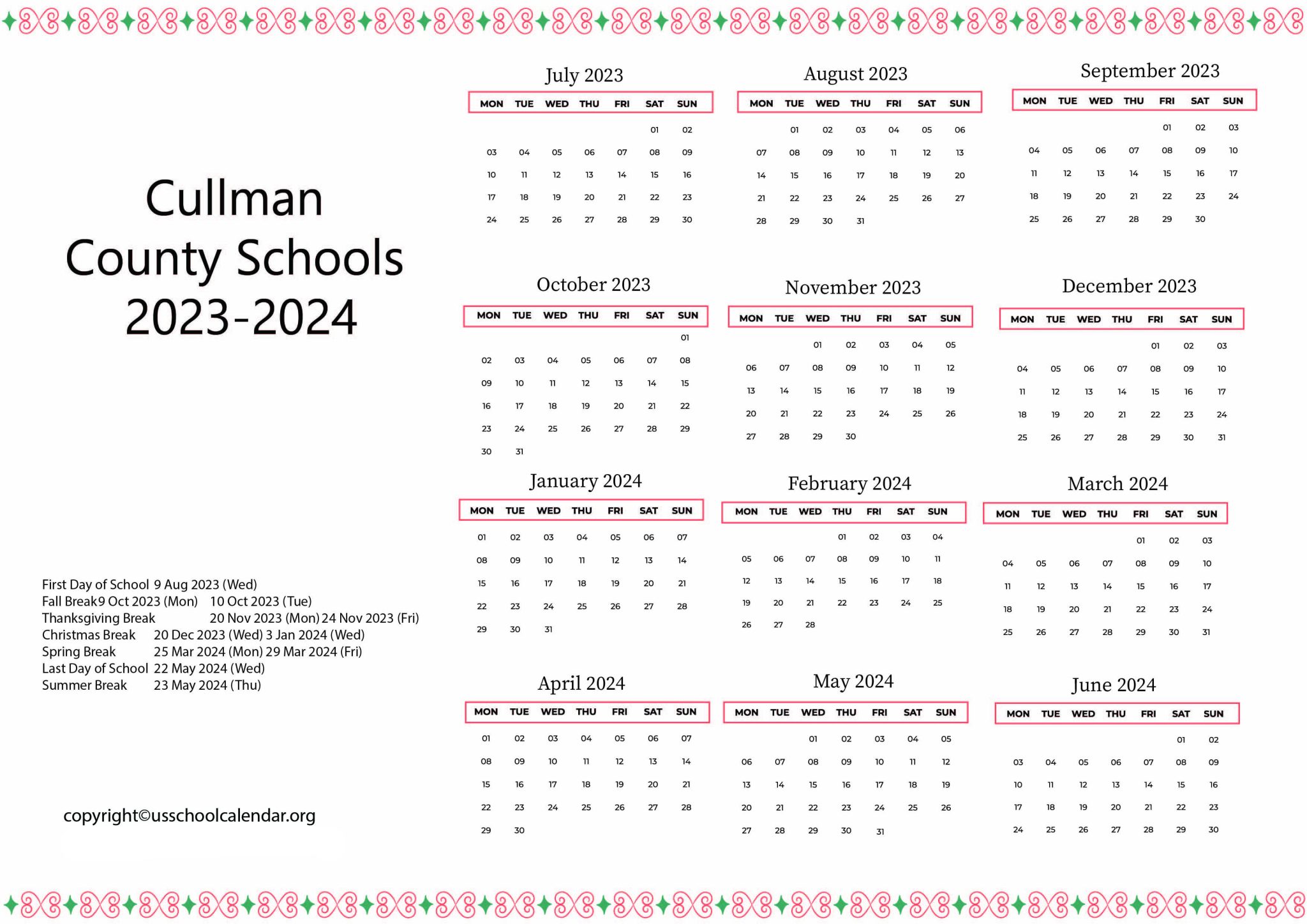 Cullman County Schools Calendar with Holidays 20232024