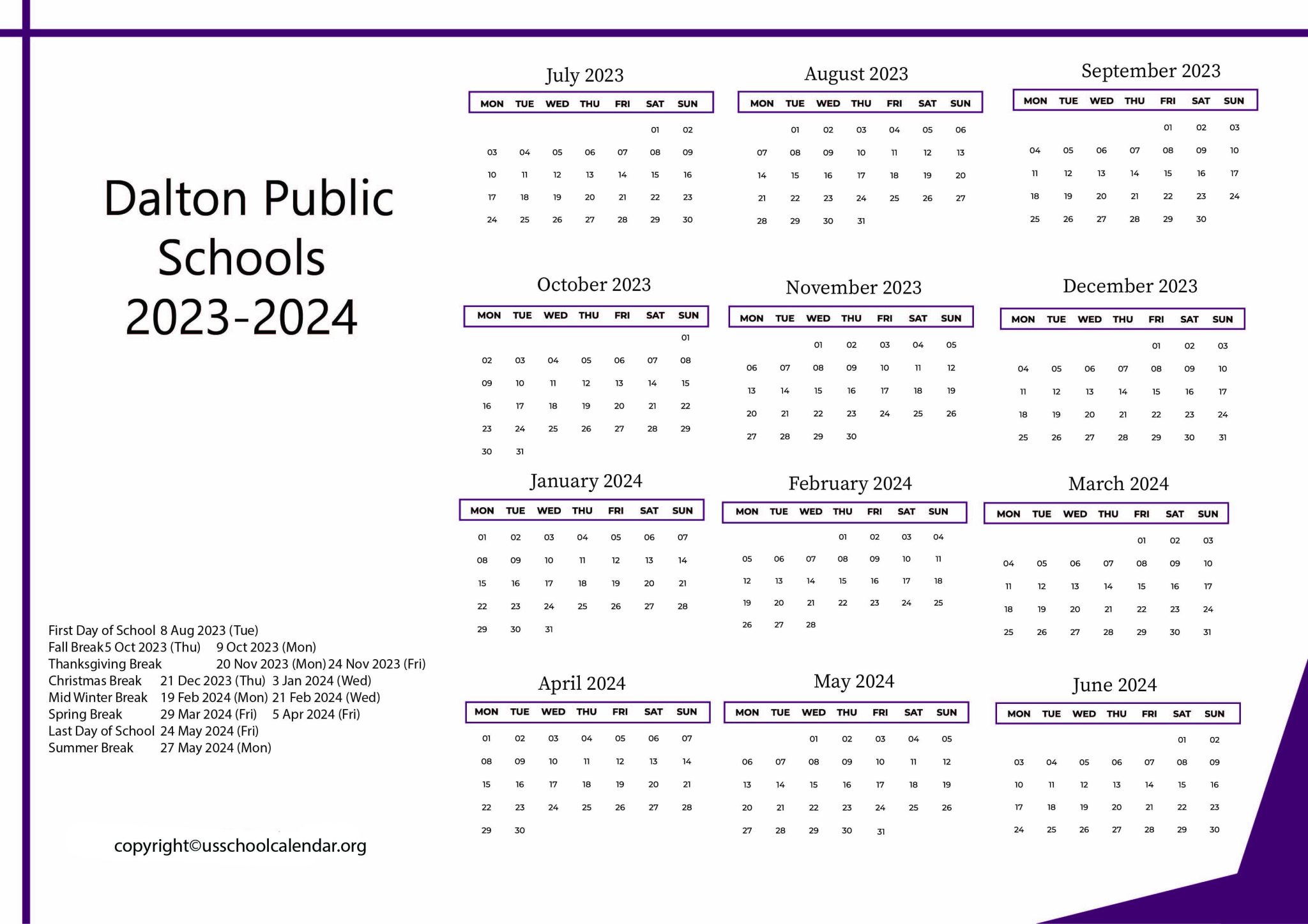 Dalton Public Schools Calendar with Holidays 20232024