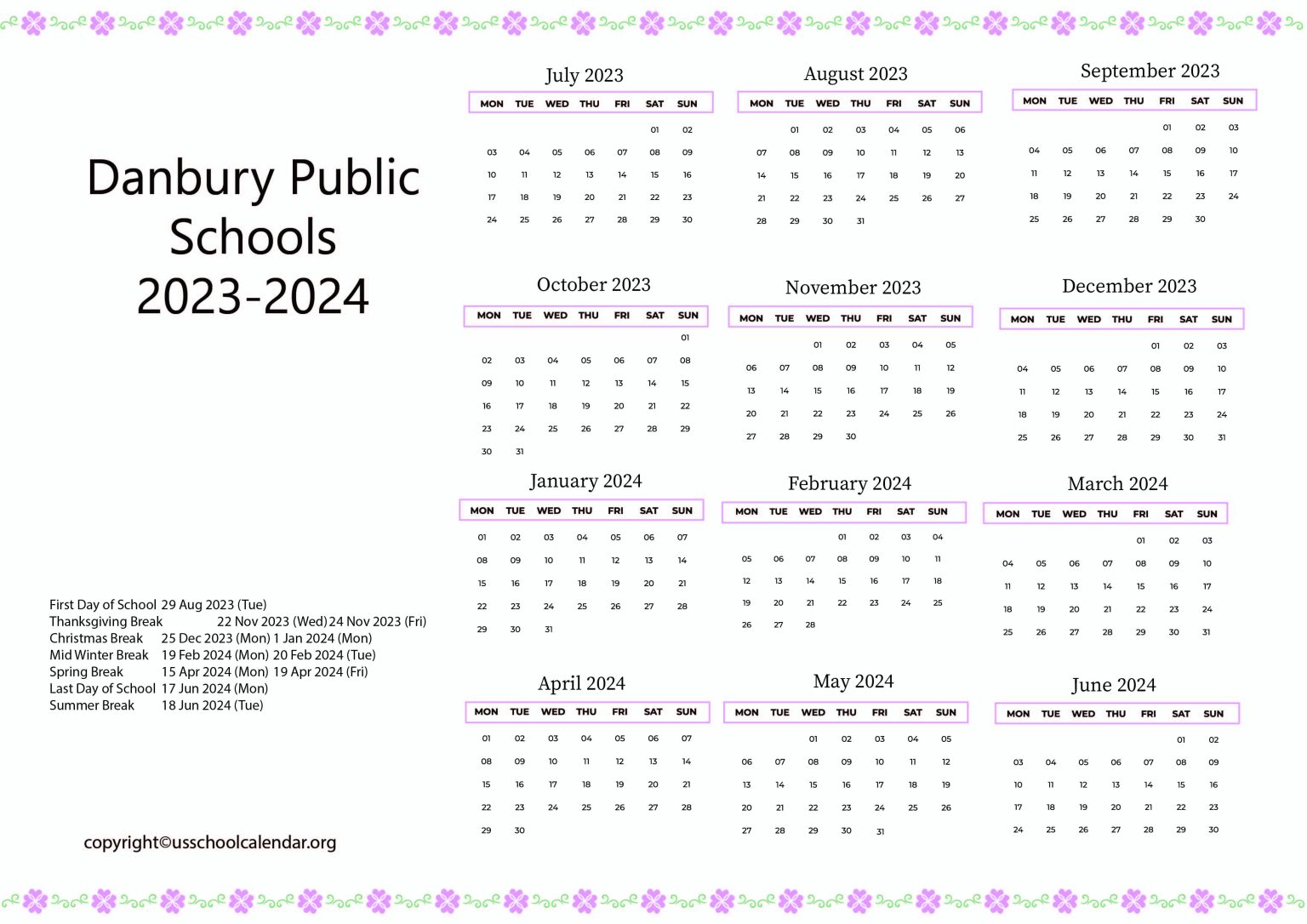 Danbury Public Schools Calendar with Holidays 20232024