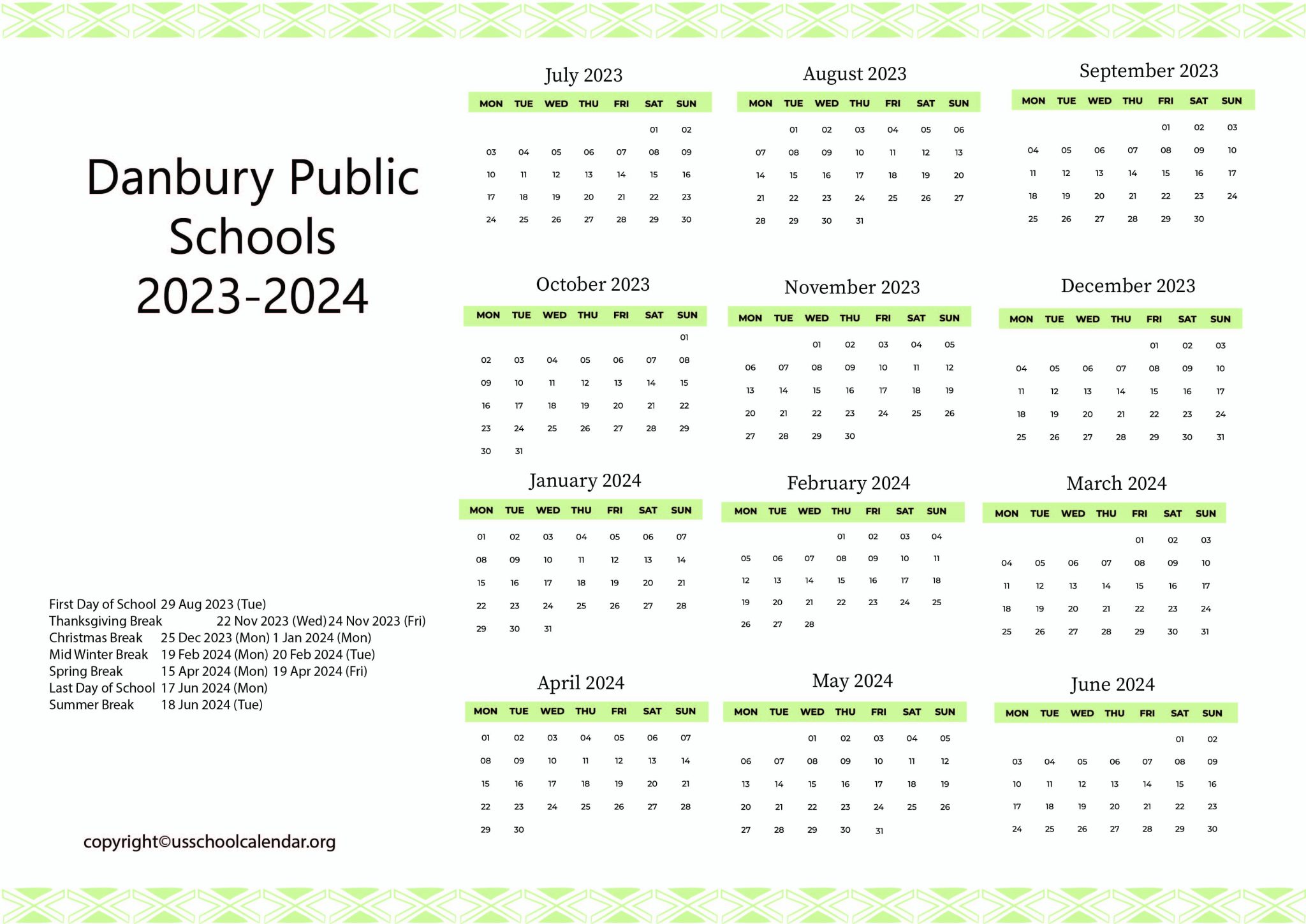 Danbury Public Schools Calendar with Holidays 20232024