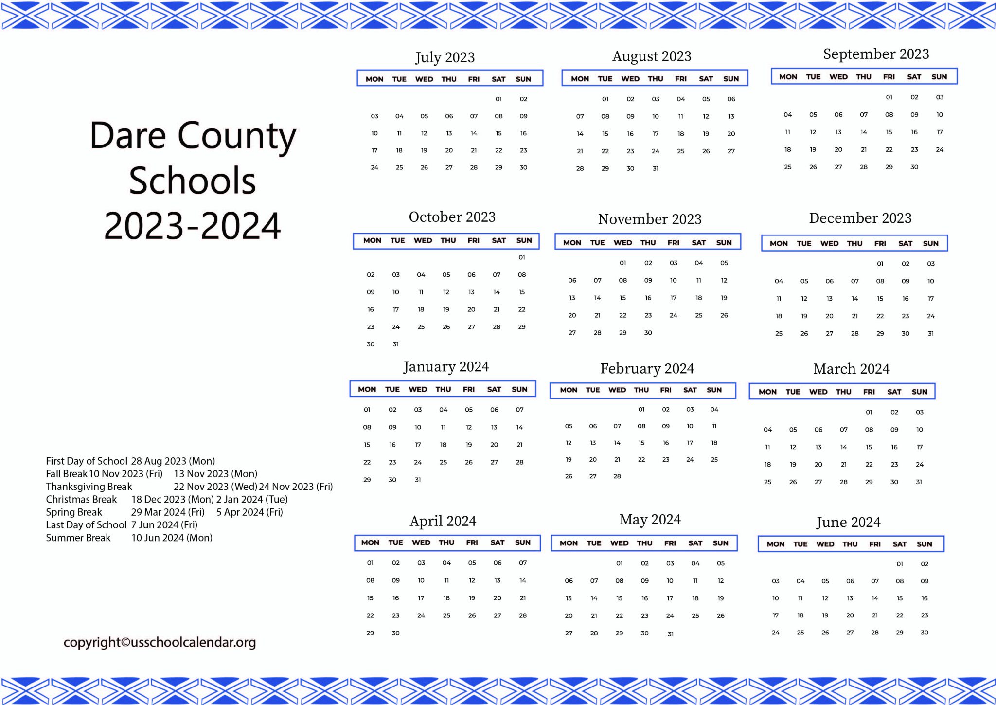 Dare County Schools Calendar with Holidays 20232024