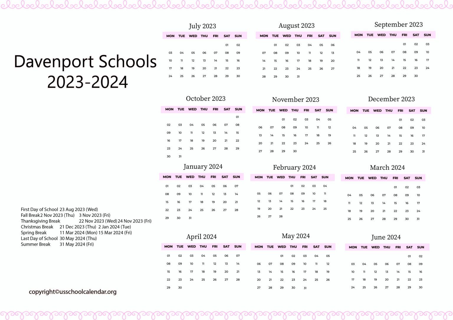 Davenport Schools Calendar with Holidays 20232024