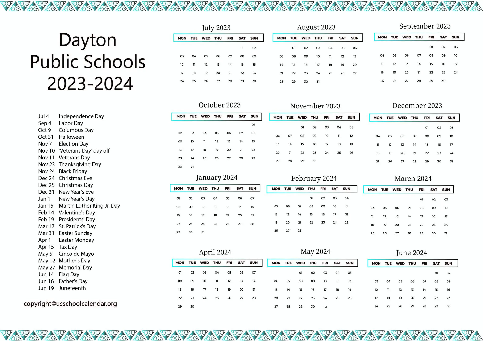 Dayton Public Schools Calendar with Holidays 20232024