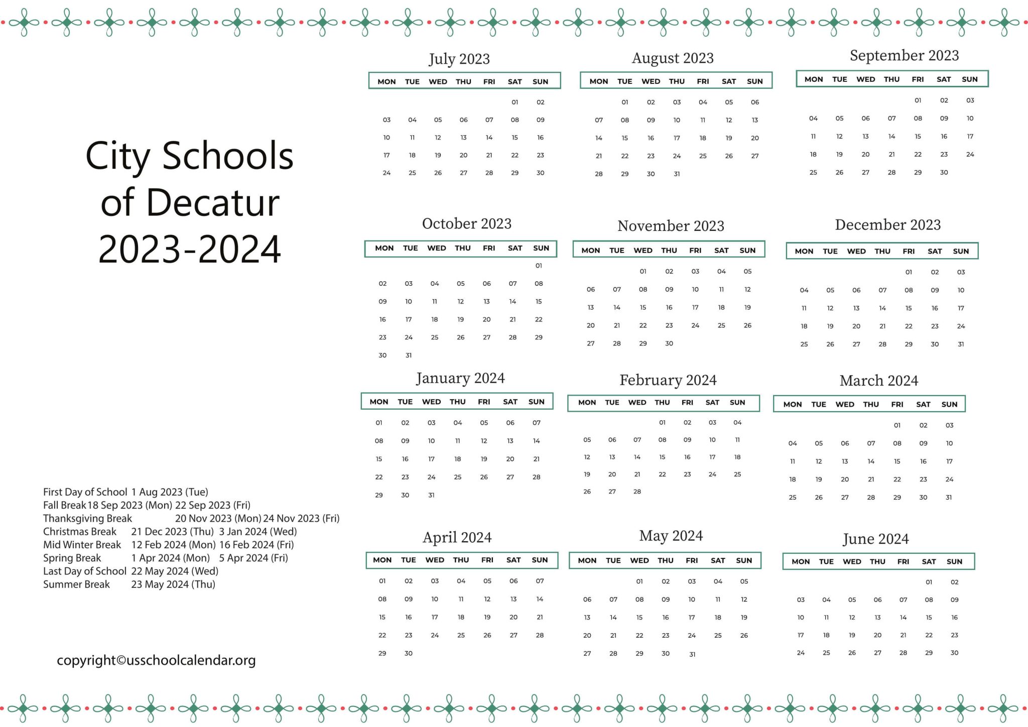City Schools of Decatur Calendar with Holidays 2023 2024
