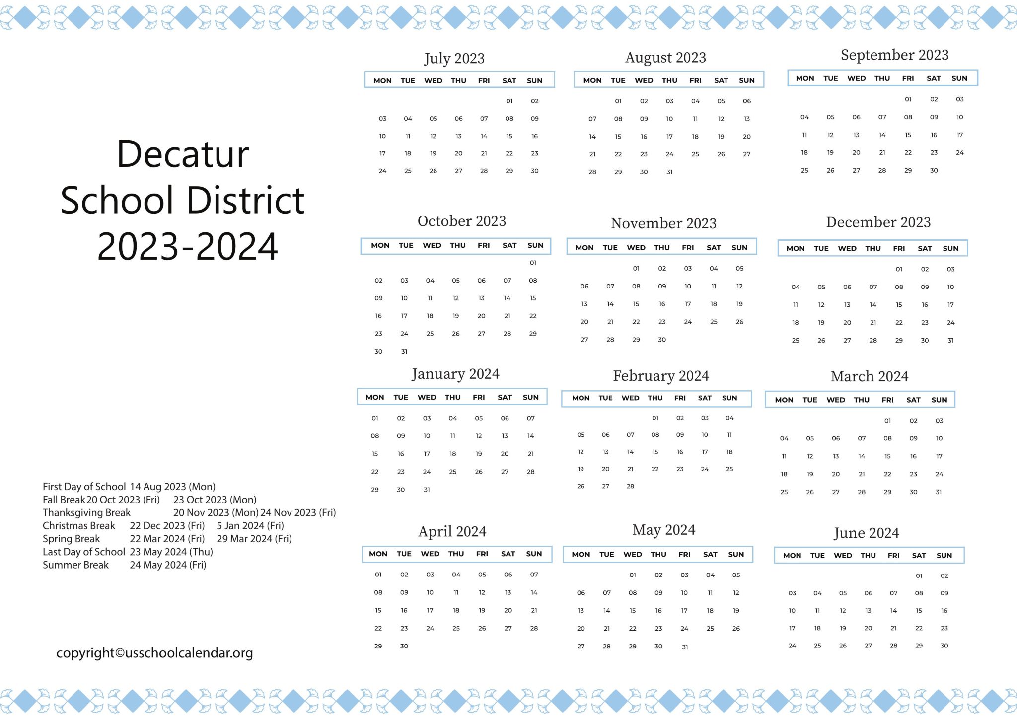 Decatur School District Calendar with Holidays 20232024