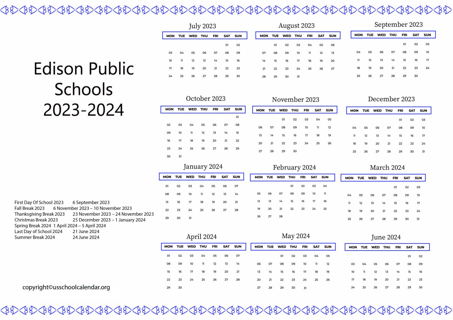 Edison Public Schools Calendar with Holidays 2023 2024
