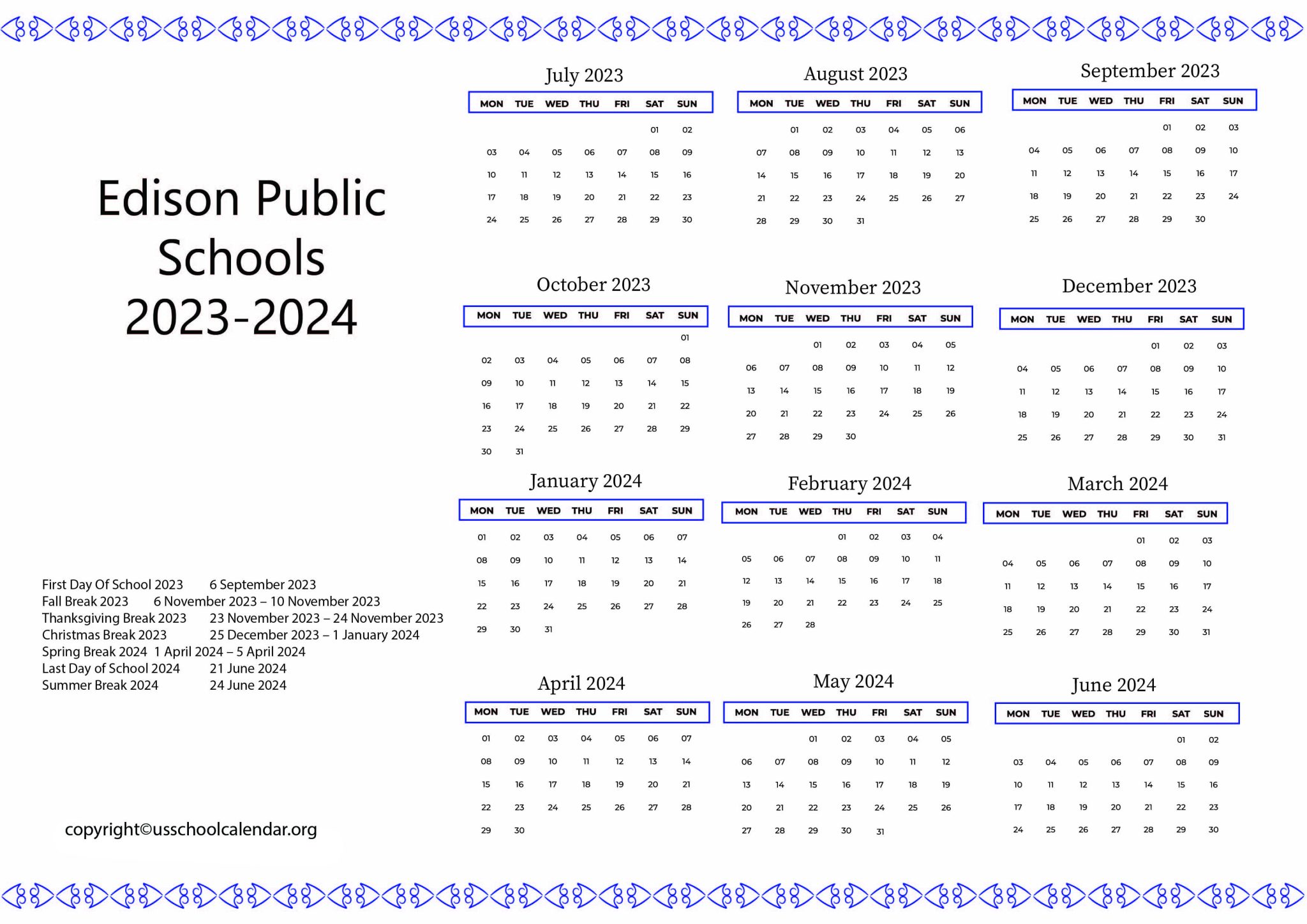 Edison Public Schools Calendar with Holidays 20232024