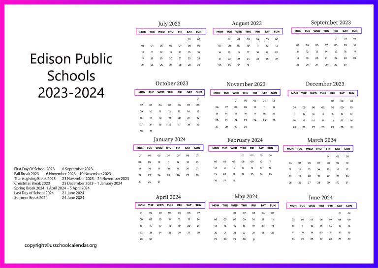 Edison Public Schools Calendar with Holidays 20232024