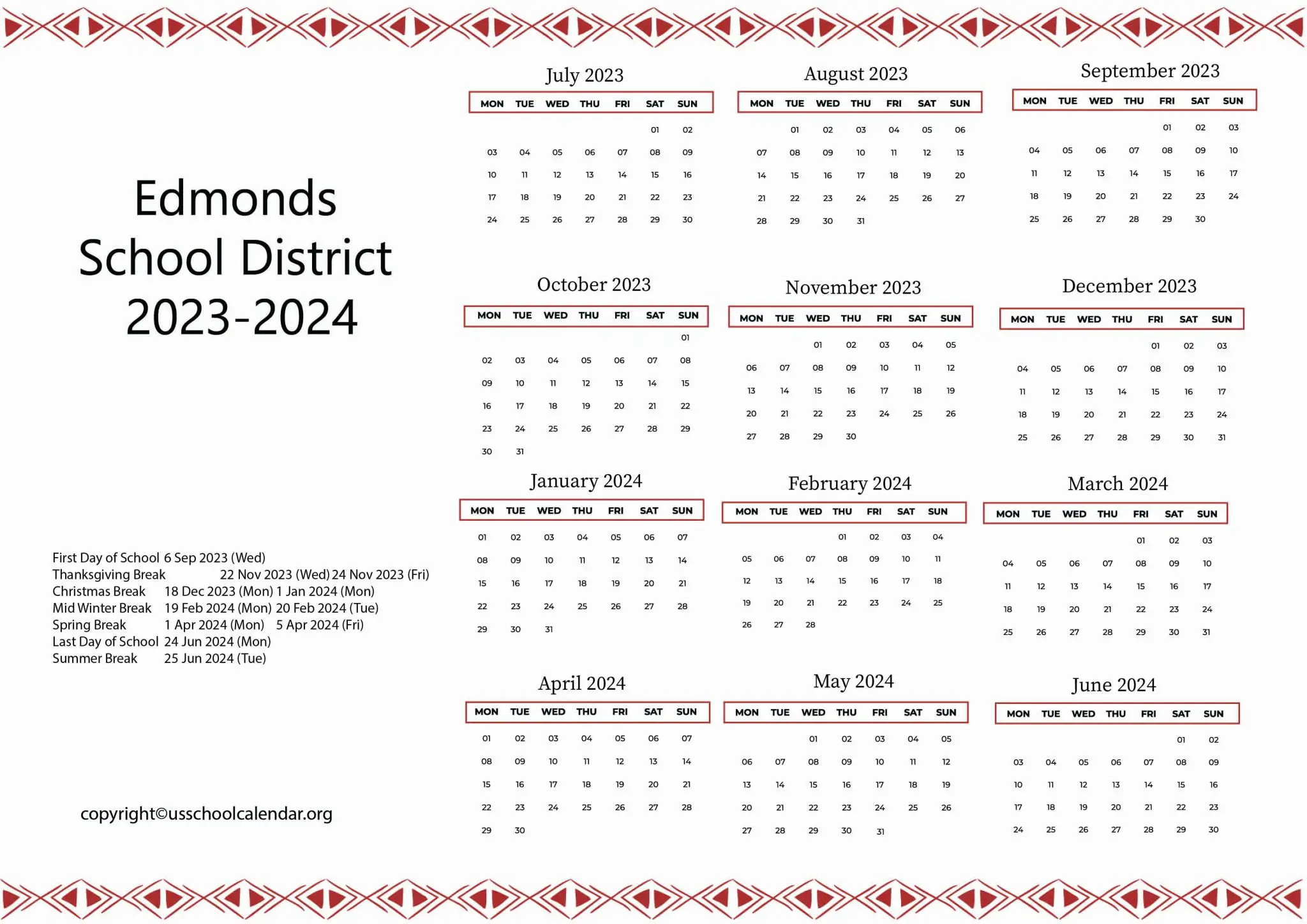 Edmonds School District Calendar with Holidays 20232024