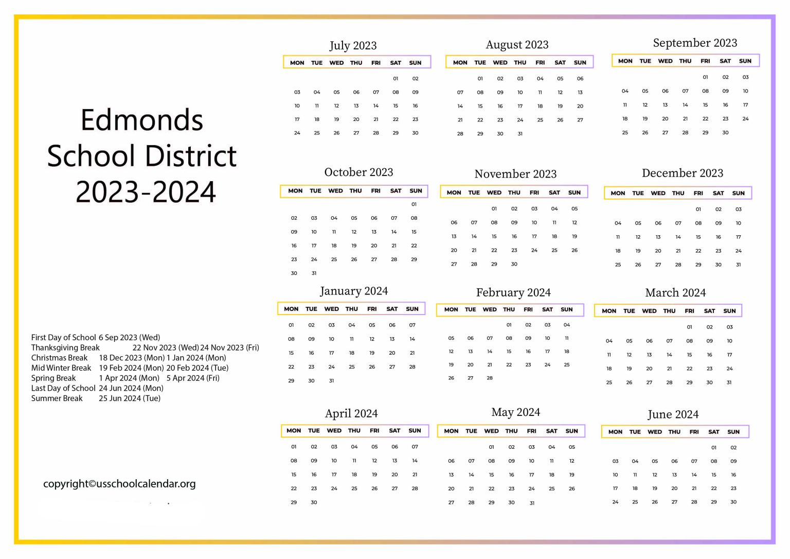 Edmonds School District Calendar with Holidays 20232024