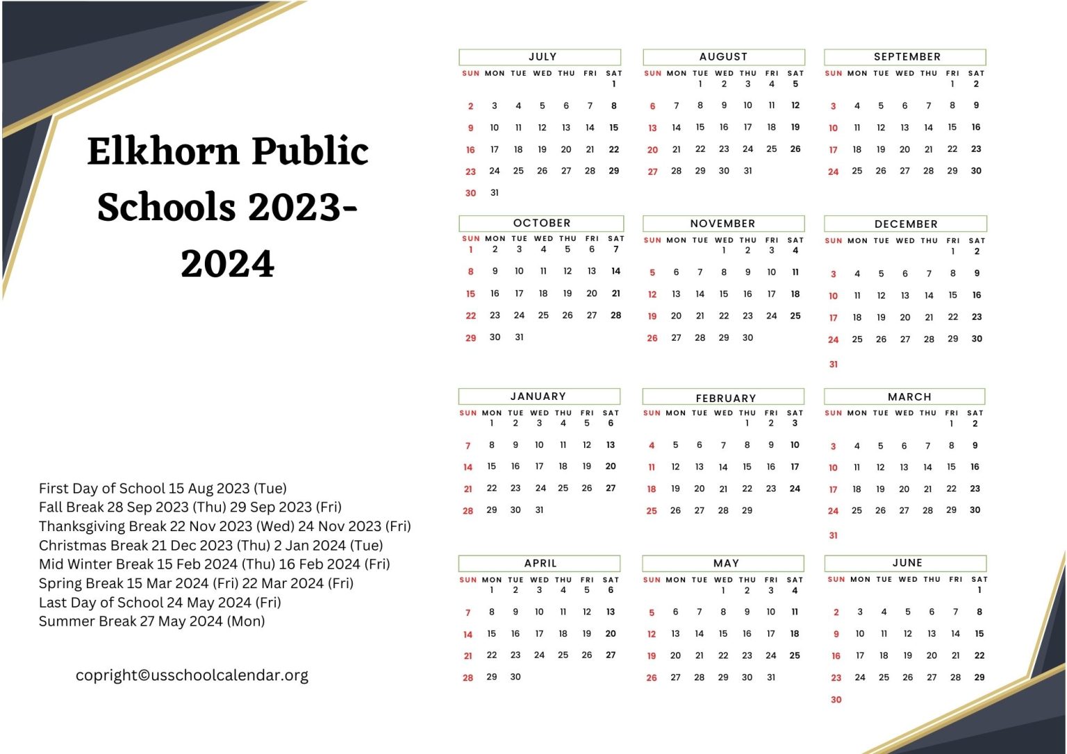 Elkhorn Public Schools Calendar with Holidays 20232024