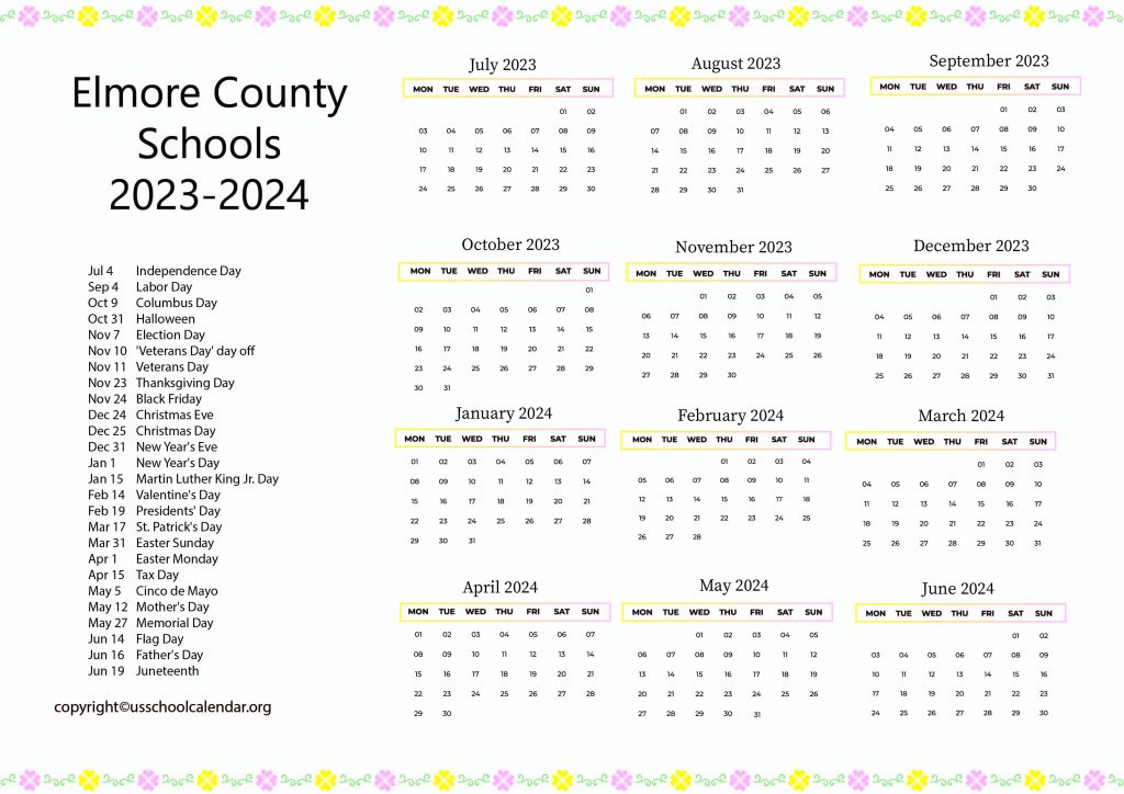 Elmore County School District Calendar