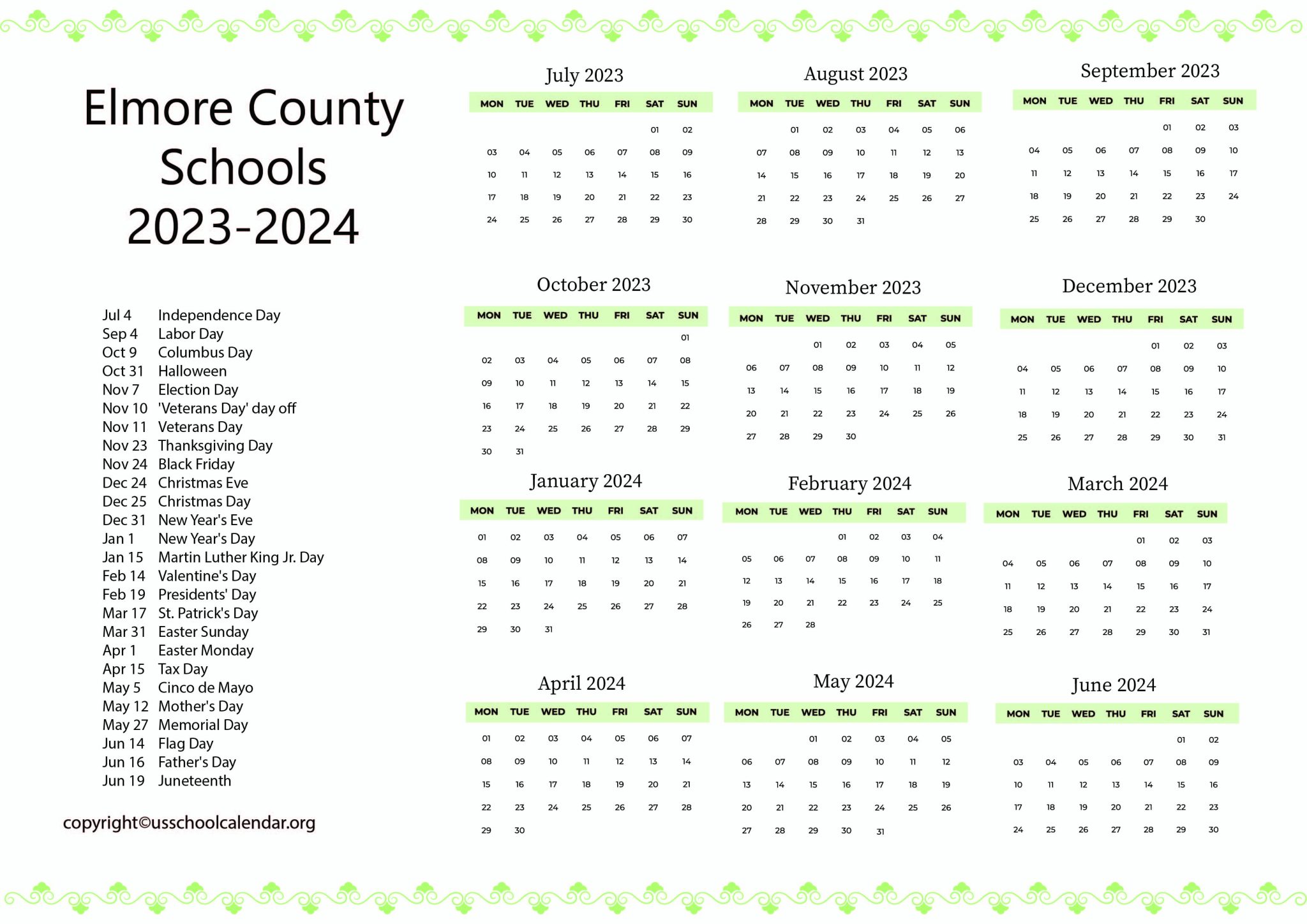 Elmore County Schools Calendar with Holidays 20232024