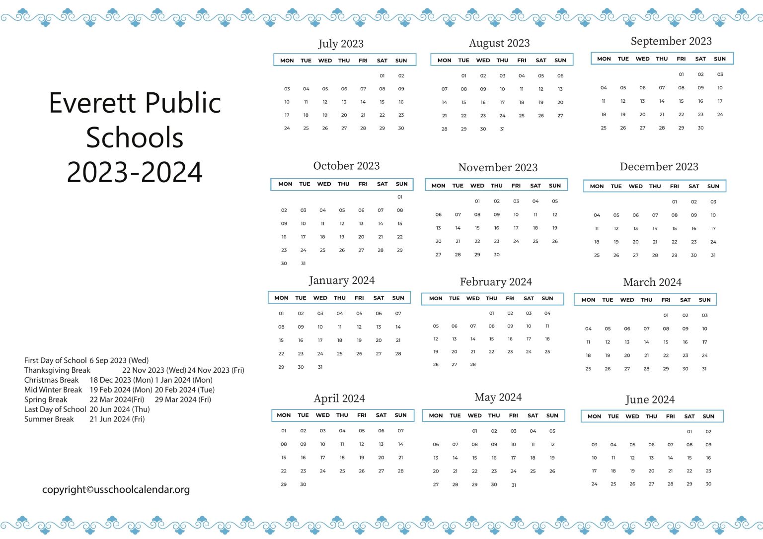 Everett Public Schools Calendar with Holidays 20232024