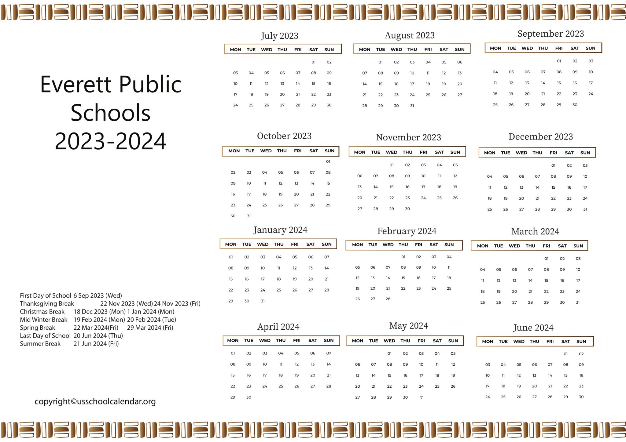 Everett Public Schools Calendar with Holidays 20232024