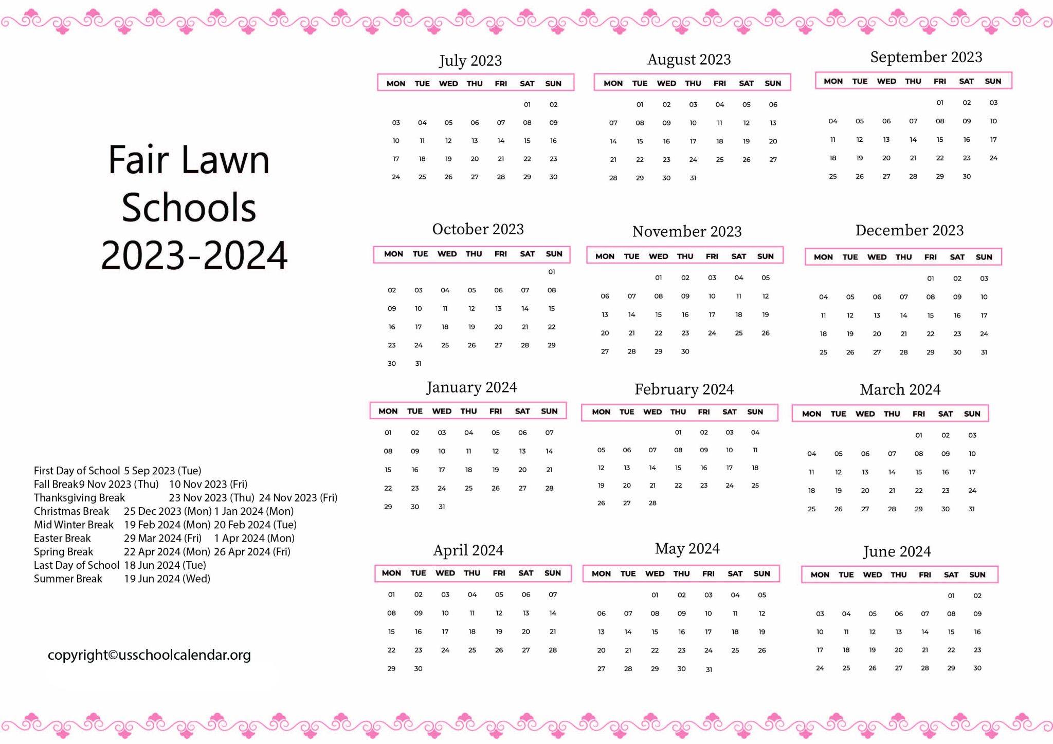 Fair Lawn Schools Calendar with Holidays 20232024