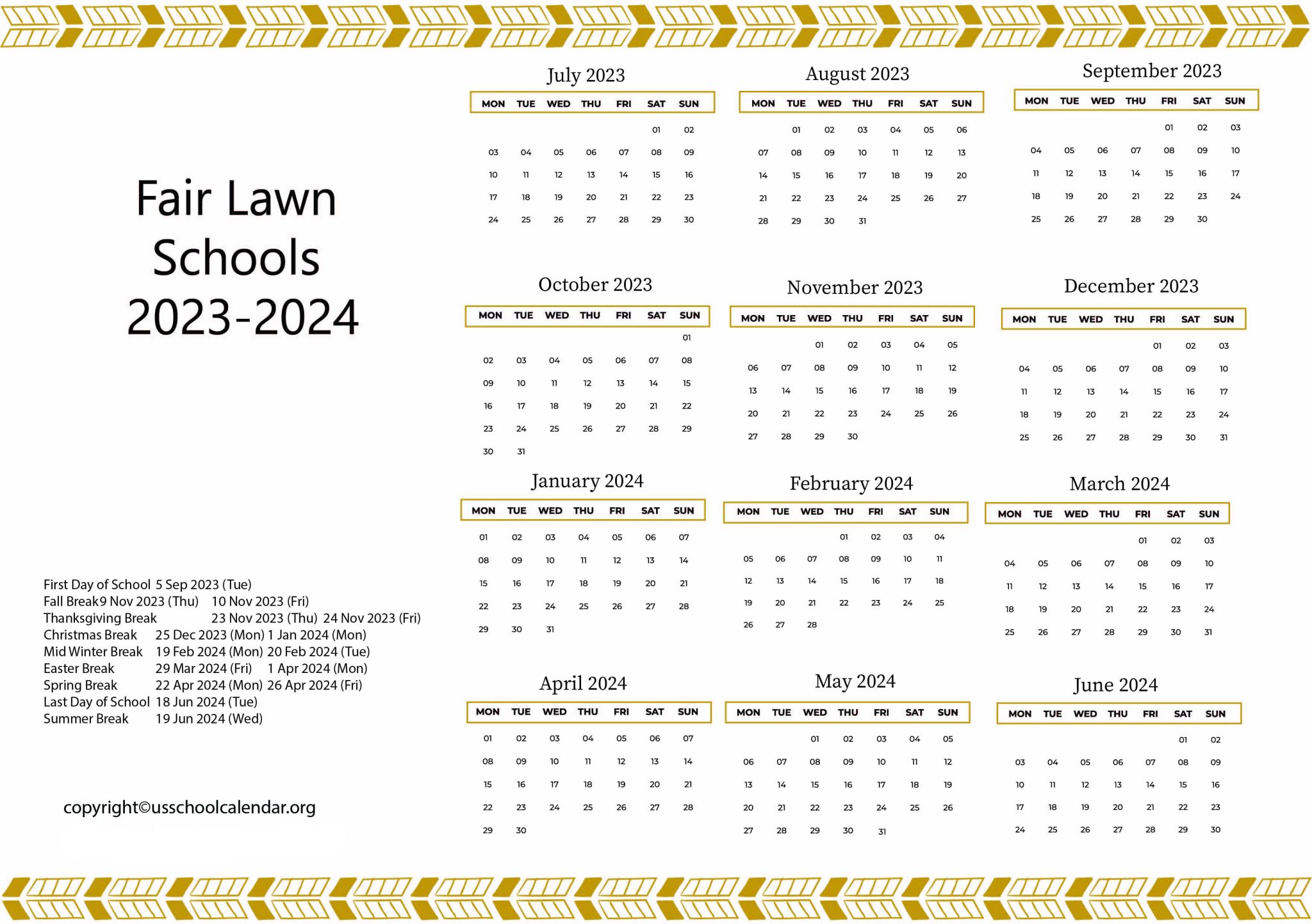 Fair Lawn Schools Calendar with Holidays 20232024