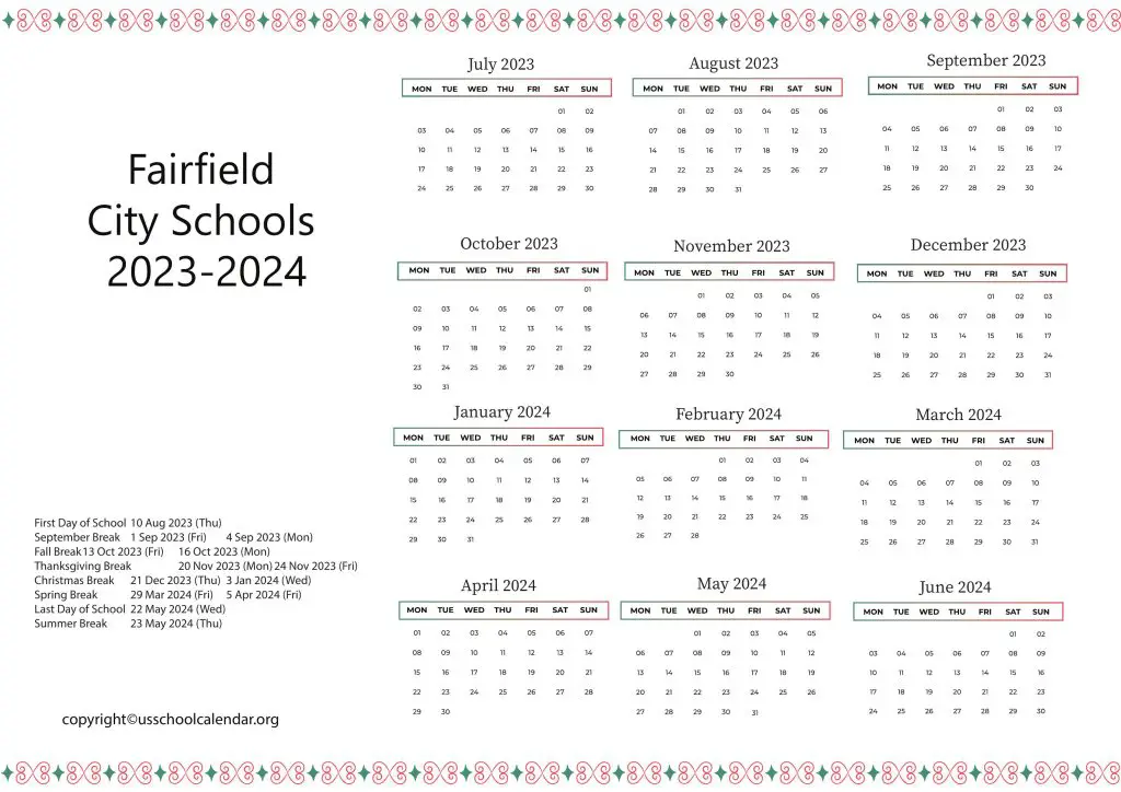 Fairfield City Schools Calendar