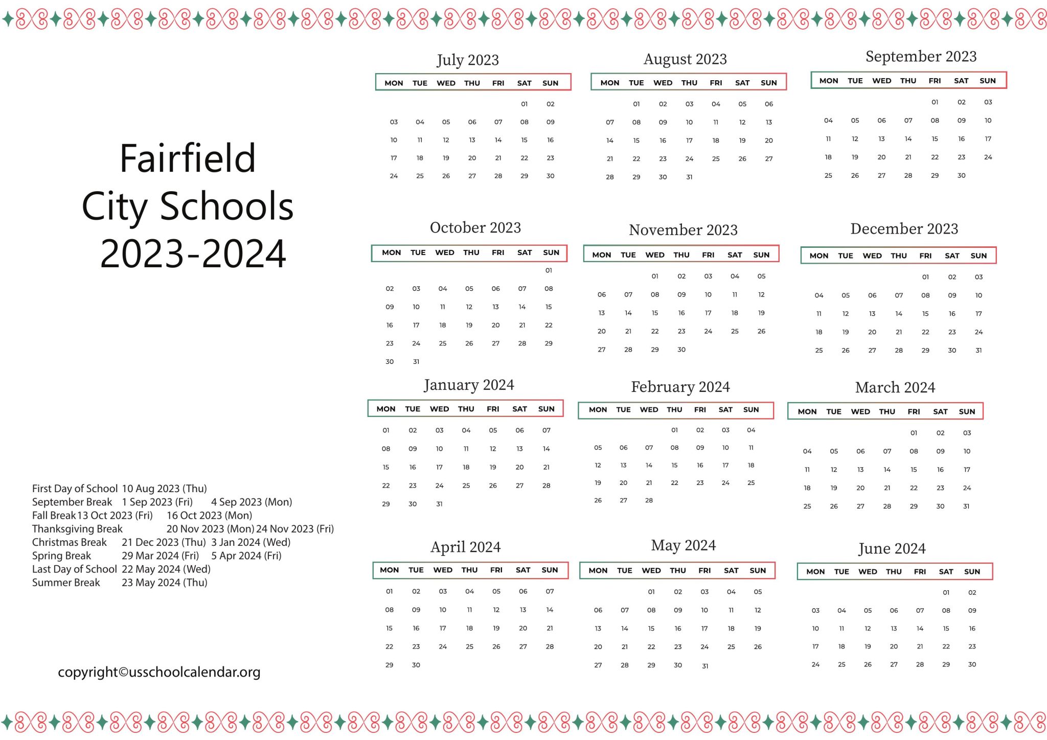 Fairfield City Schools Calendar with Holidays 20232024