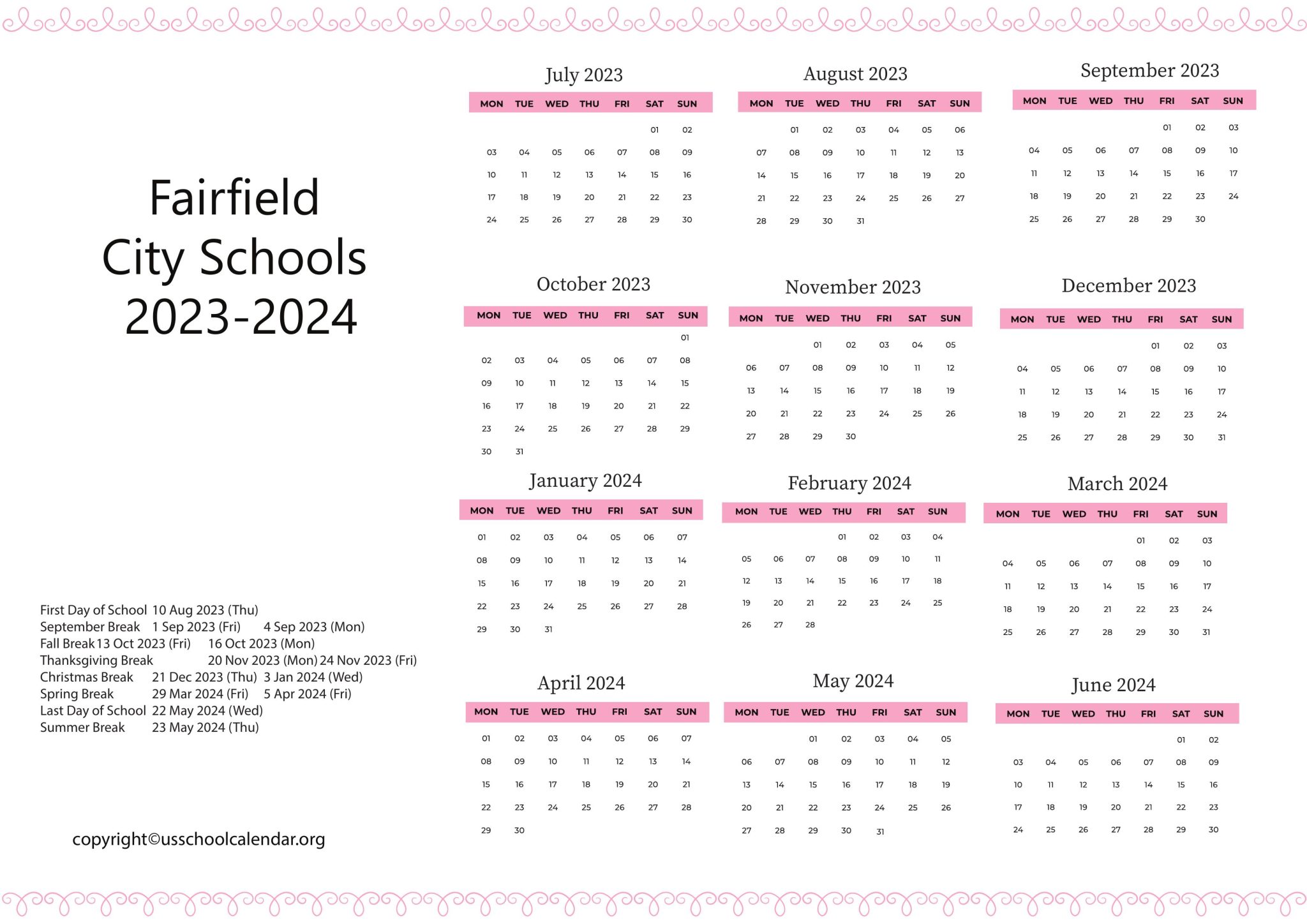 Fairfield City Schools Calendar with Holidays 20232024