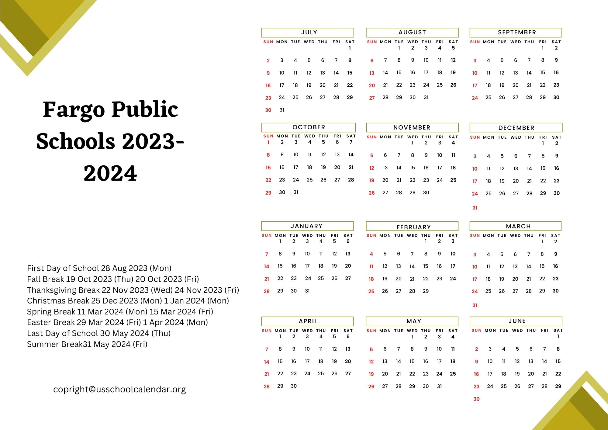 Fargo Public Schools Calendar with Holidays 20232024