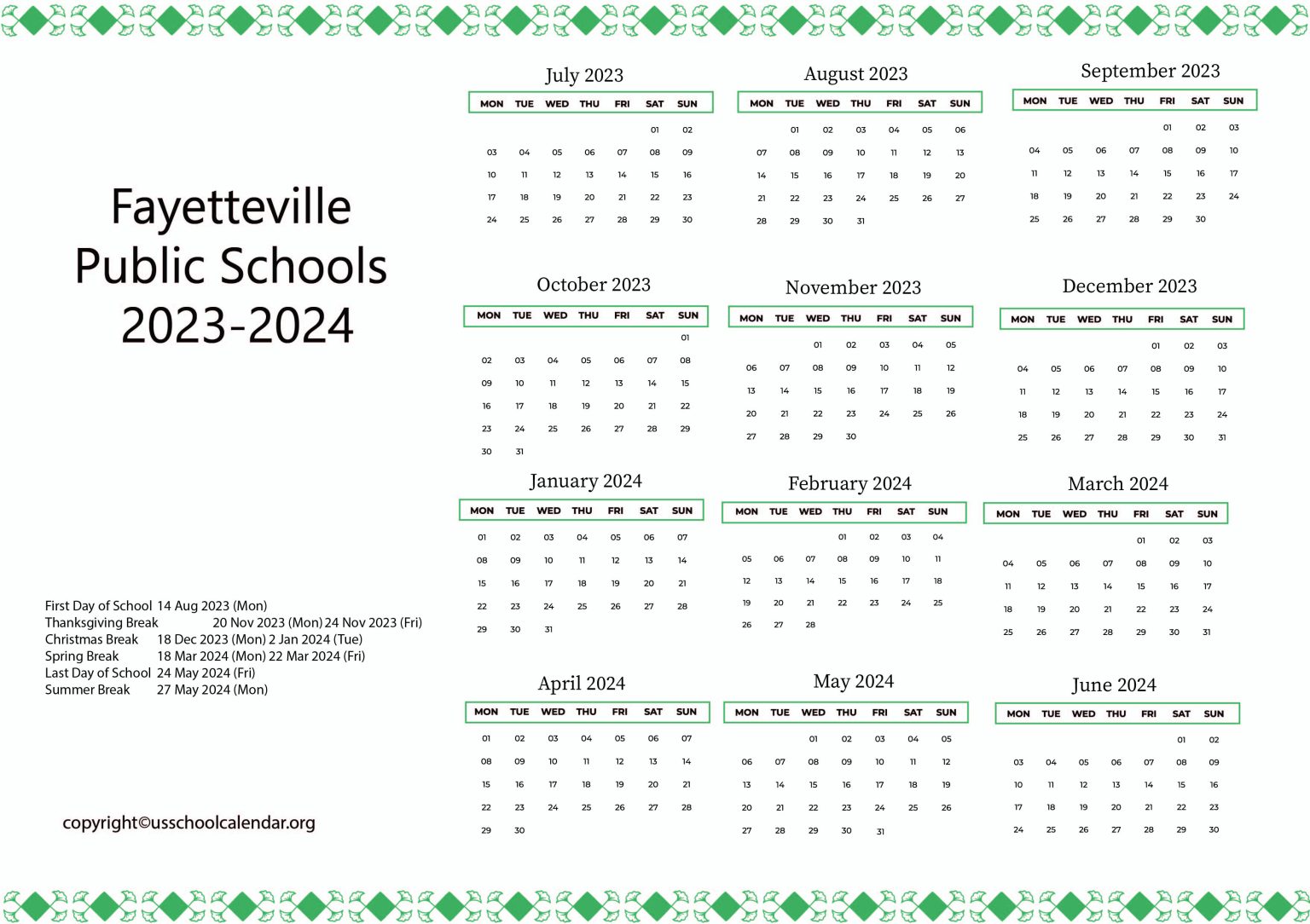 Fayetteville Public Schools Calendar with Holidays 20232024